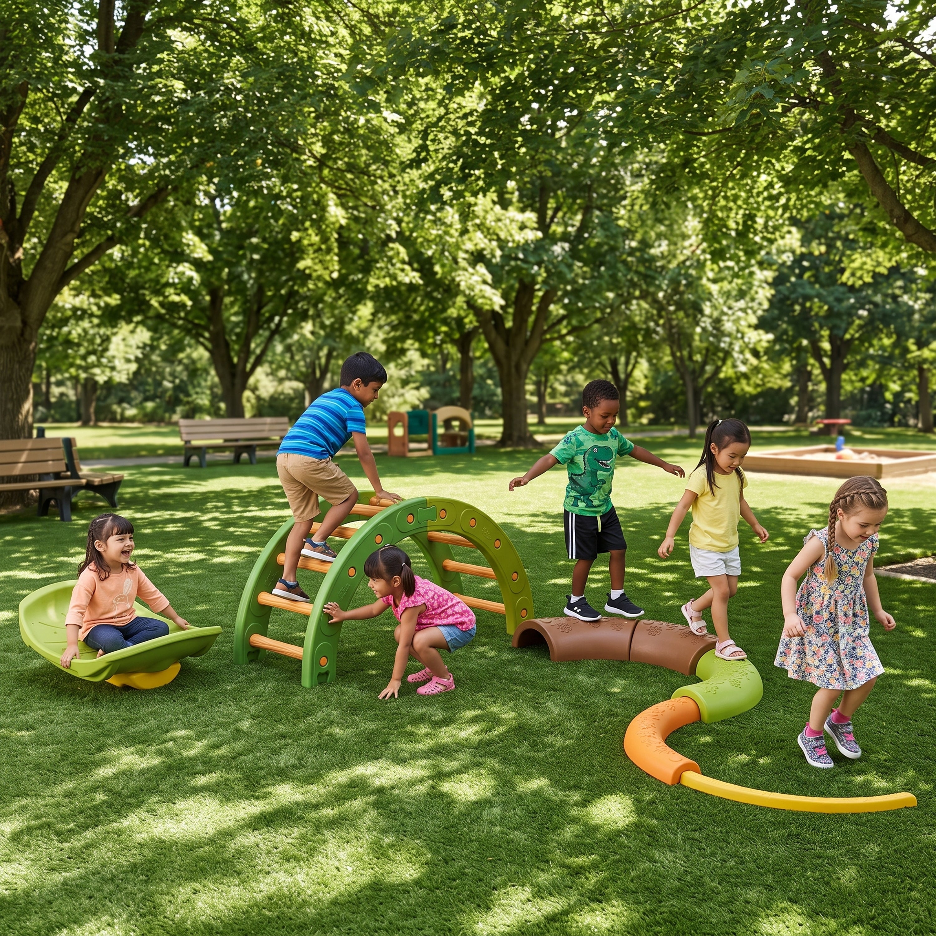Forest Balance & Rocking Trail | Nature-Inspired Gross Motor Activity Set with Balance Arch, Nesting Path & Rocking Leaf Boat