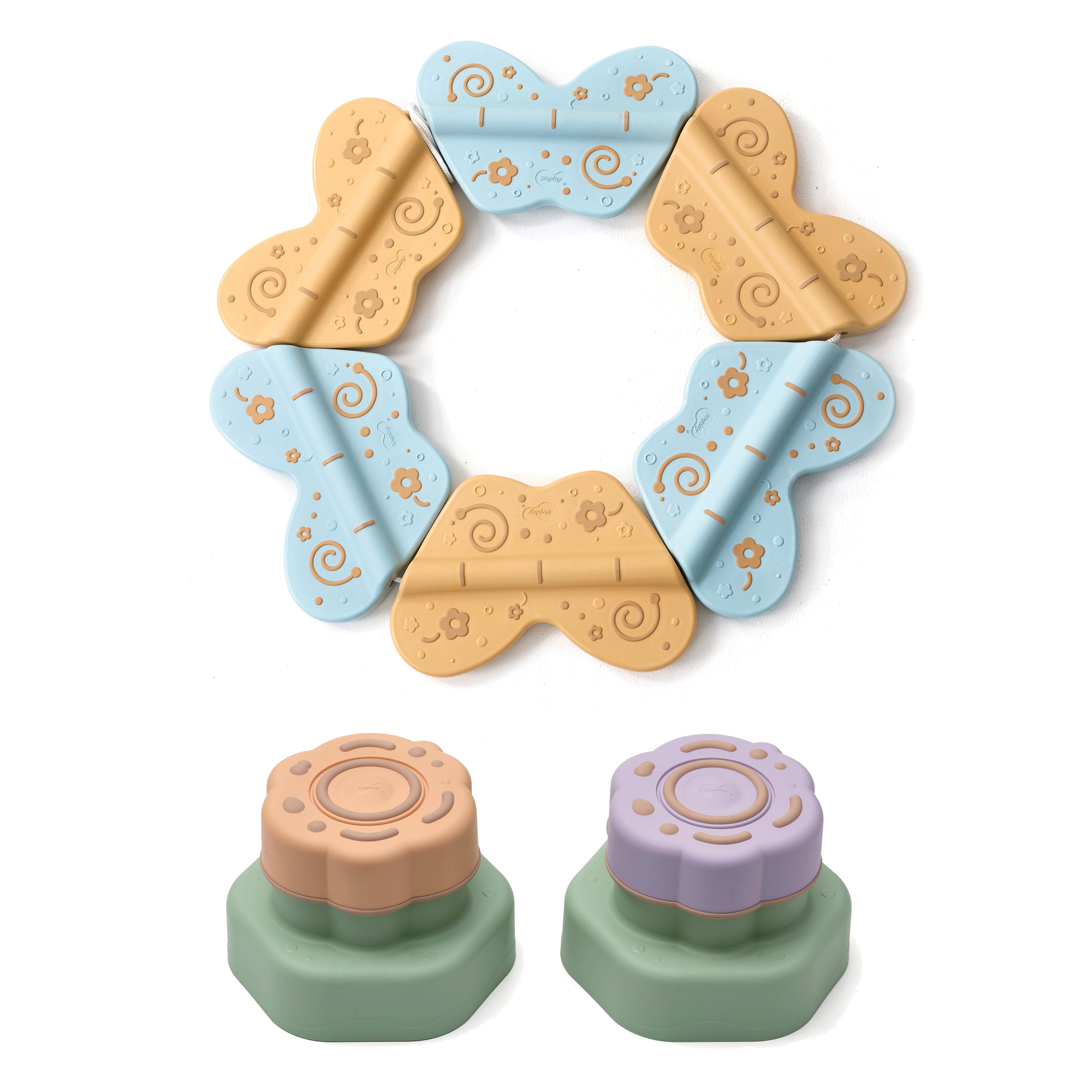 Set of colorful butterfly-shaped stepping stones on a white background