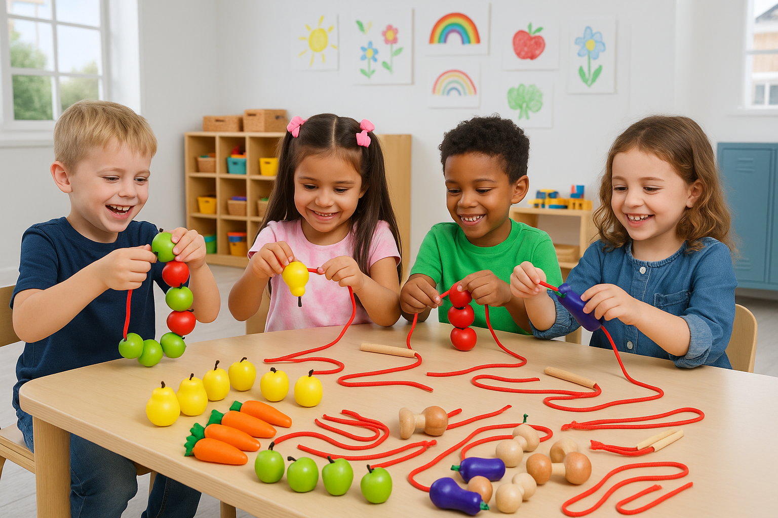 Children playing with colorful toy vegetables on a table in a classroom setting.