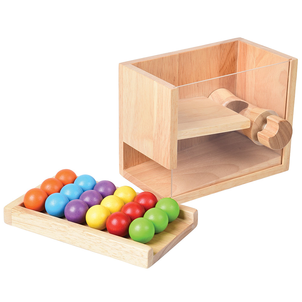 Wooden Simple Machine with Visible Mechanism and 18 Brightly Colored Balls