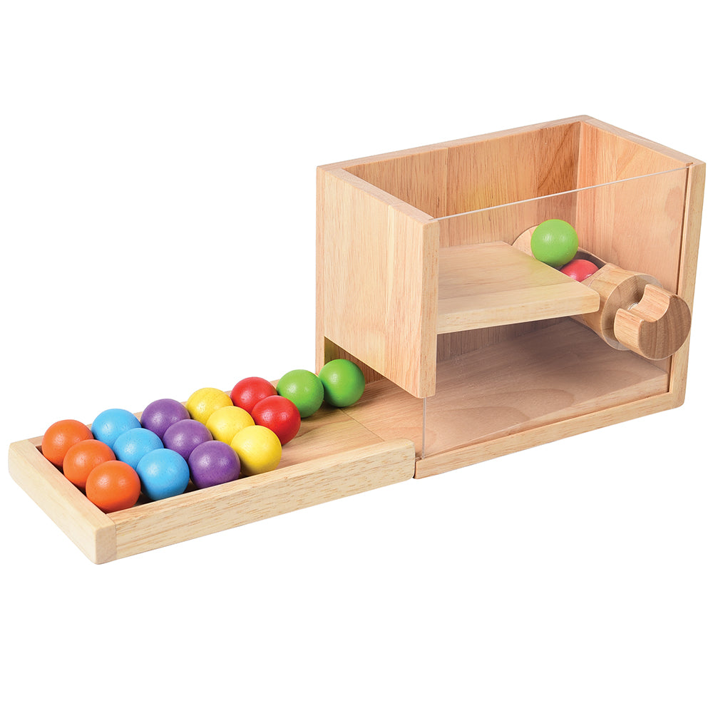 Wooden Simple Machine with Visible Mechanism and Brightly Colored Balls