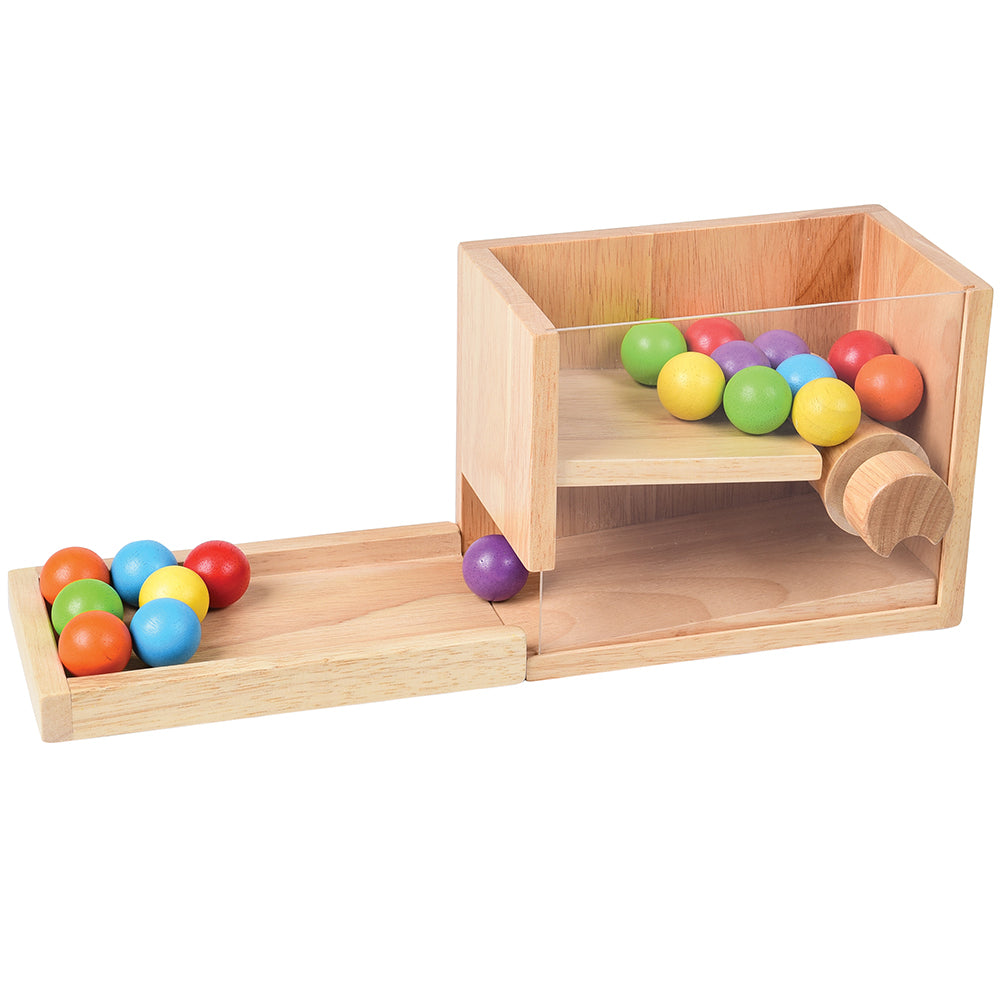 Wooden Simple Machine with Visible Mechanism and Brightly Colored Balls