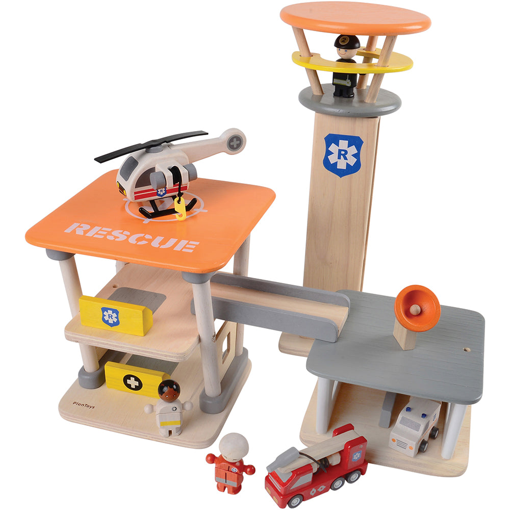 Wooden Rescue Center with Three Figures, Helicopter, Ambulance and Fire Truck