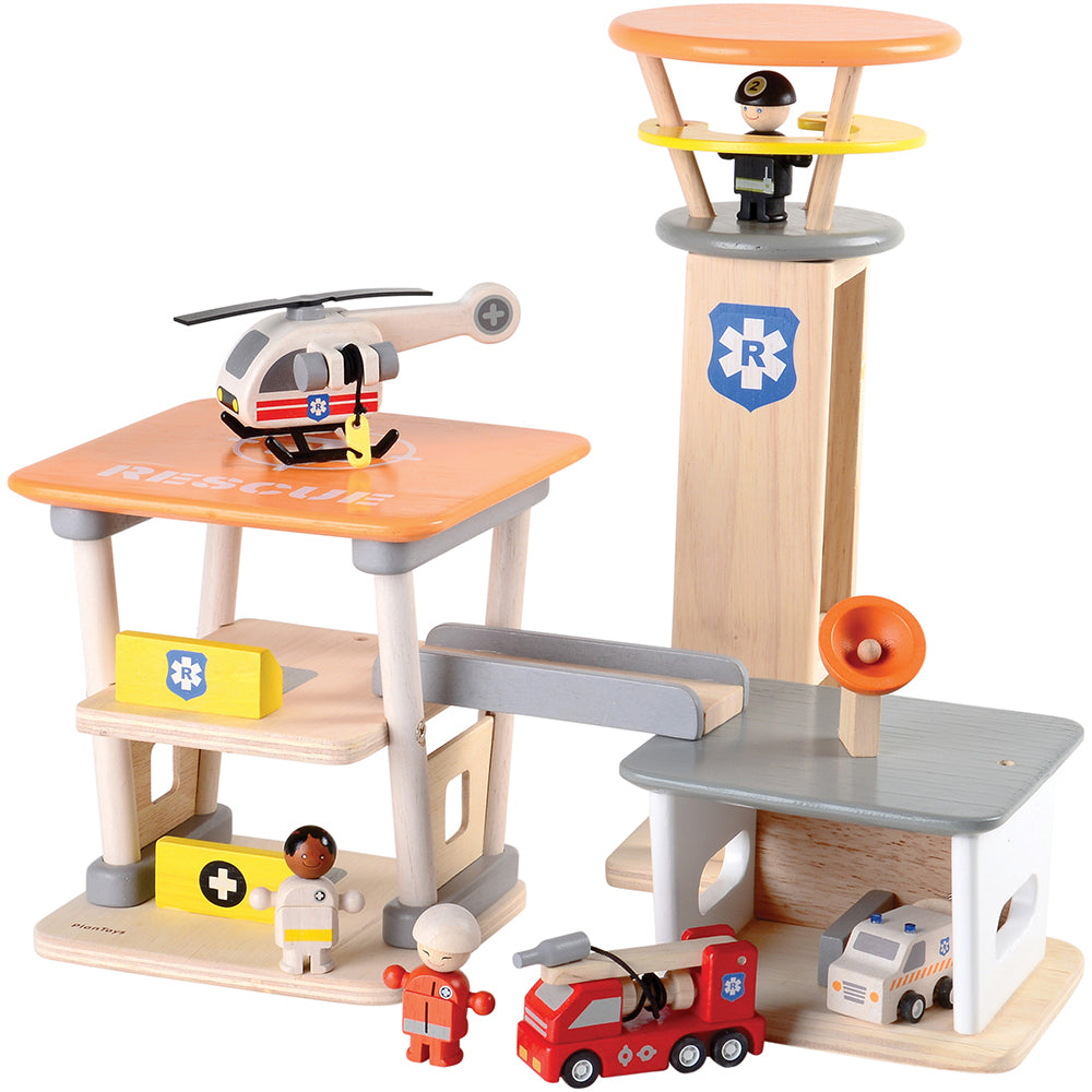 Wooden Rescue Center with Three Figures, Helicopter, Ambulance and Fire Truck