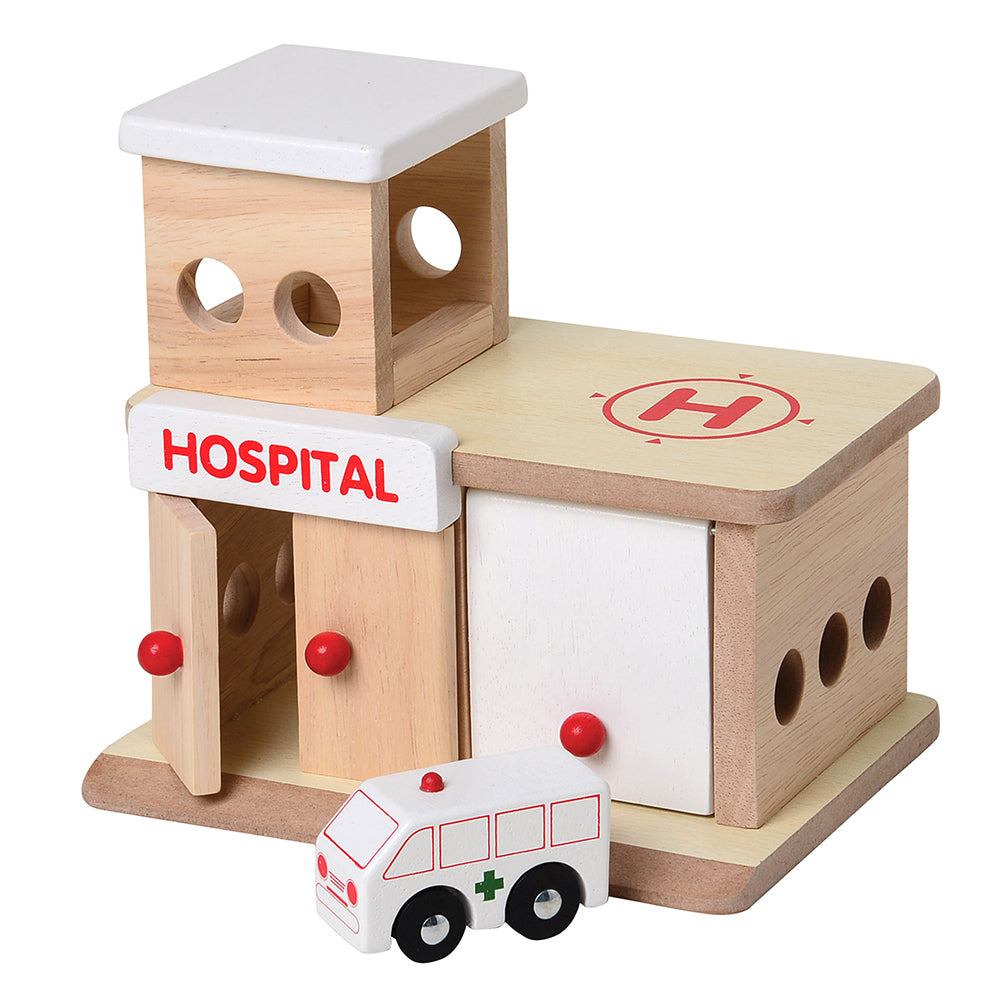 Wooden Block Hospital Building with Ambulance