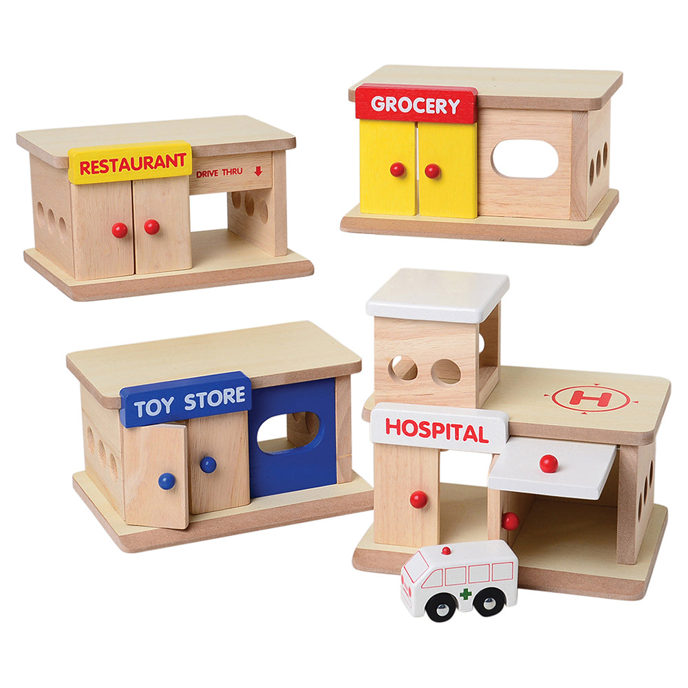 Wooden Block Buildings Play Set | Hospital with Ambulance, Toy Store, Grocery and Restaurant