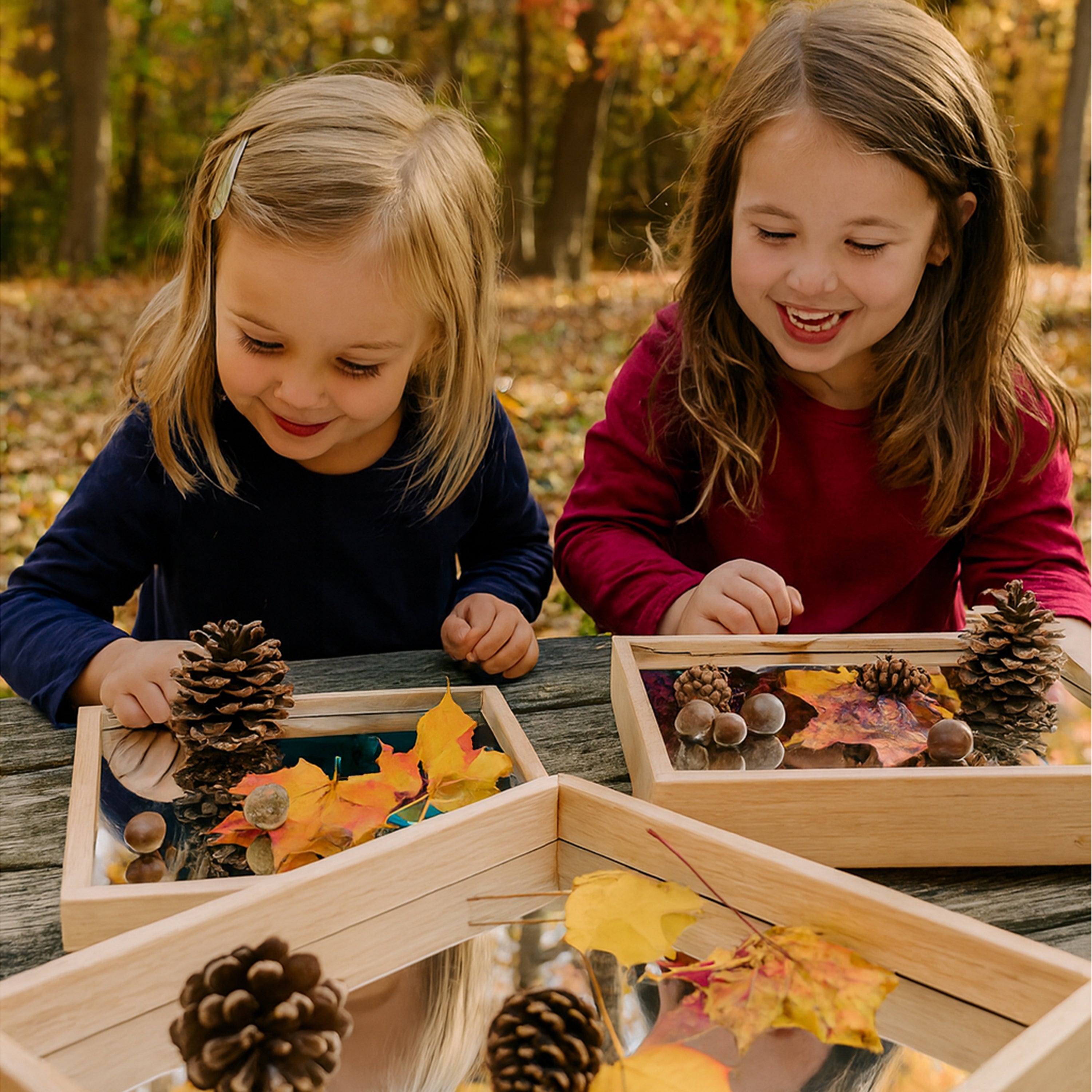 Reflective Observation Trays | Set of 3 Double-Sided Mirrored Wooden Trays for Exploring Light, Shadows & Structures