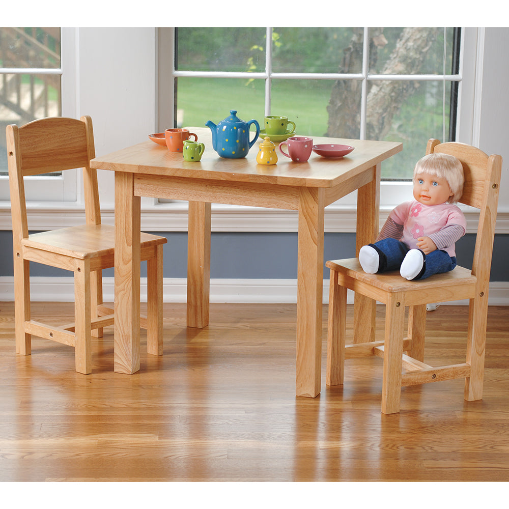 24" x 24" Wood Square Table with 2 Chairs with Doll and Tea Set