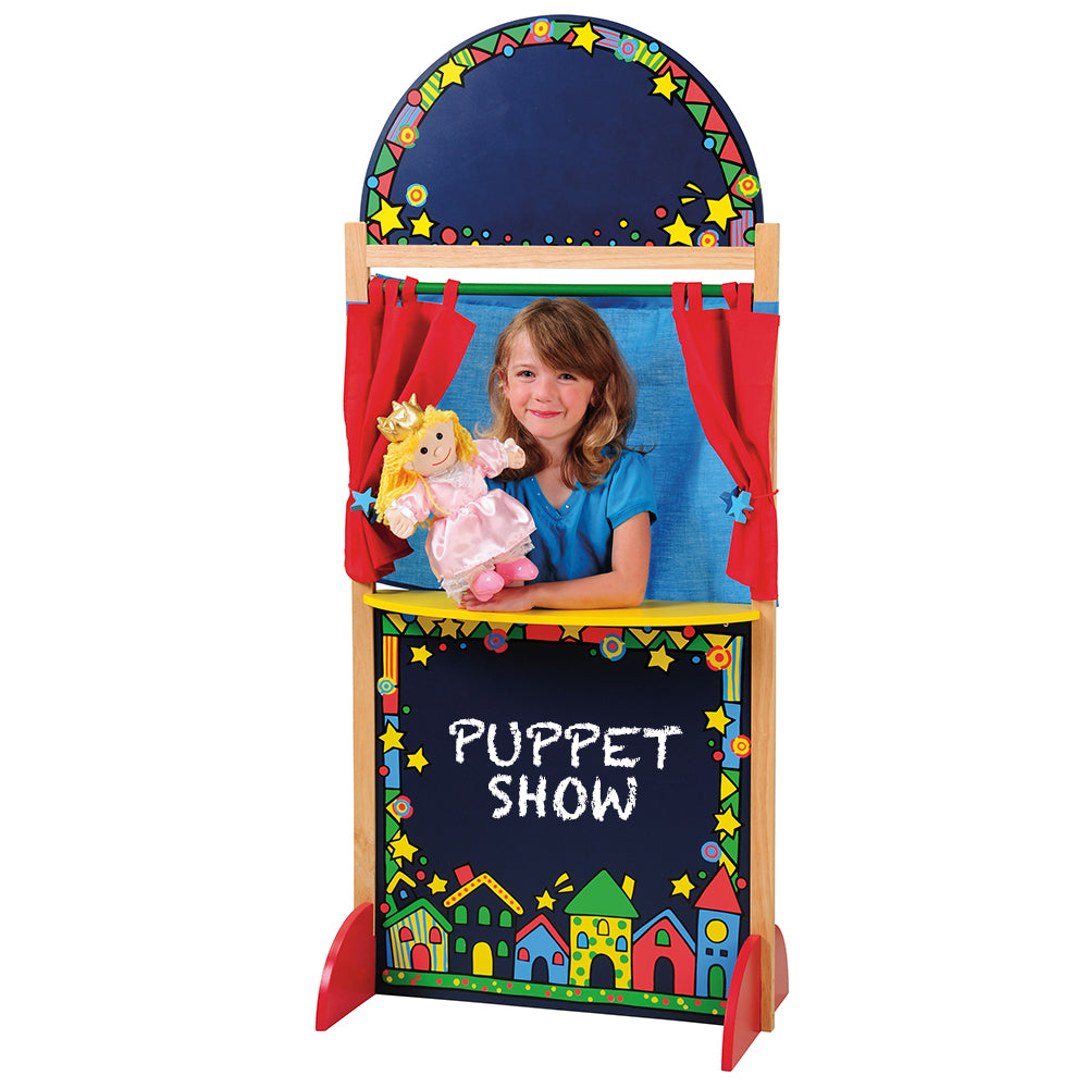 Kid using Puppet Theater to Put On A Show