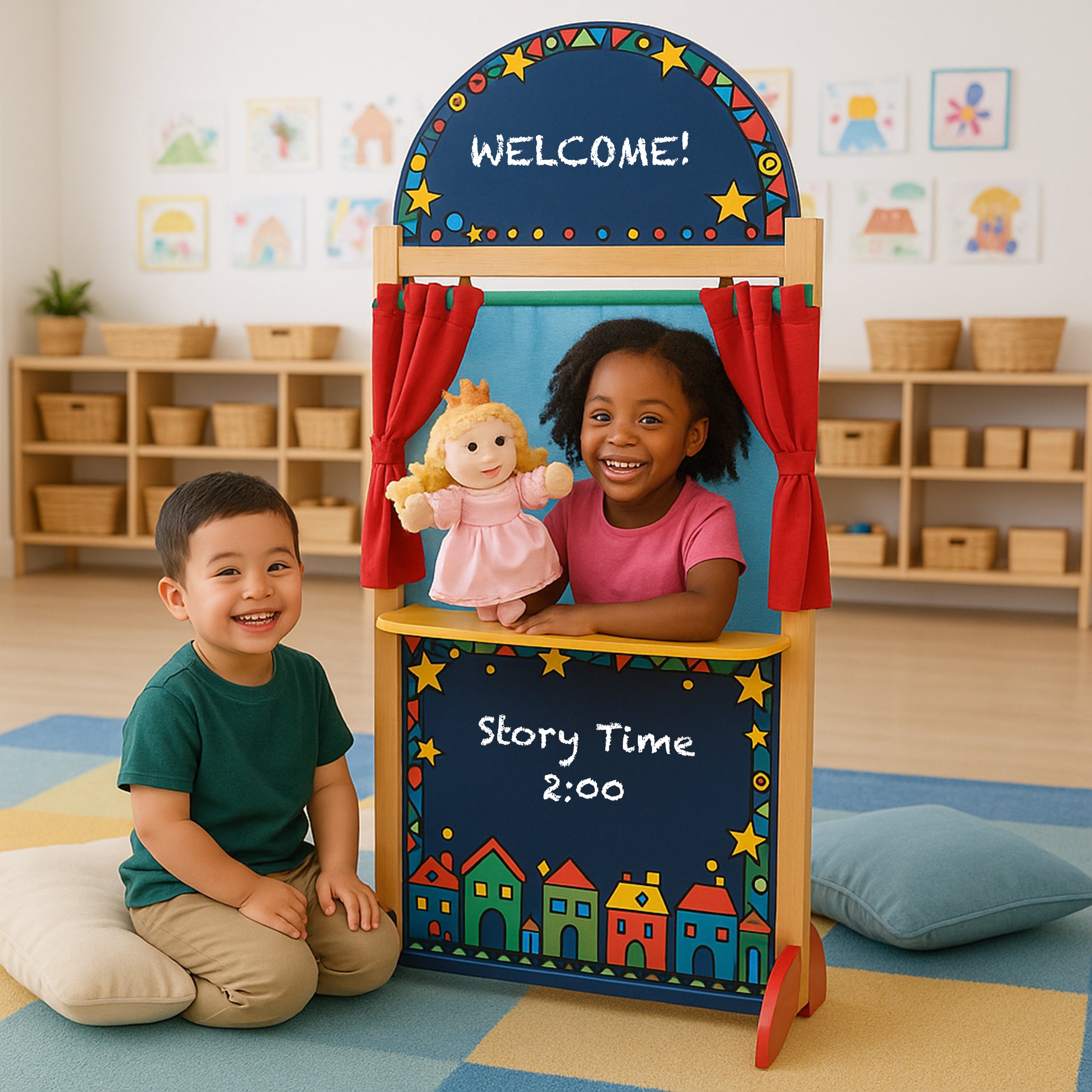 Wooden Puppet Theater with Pullback Curtain