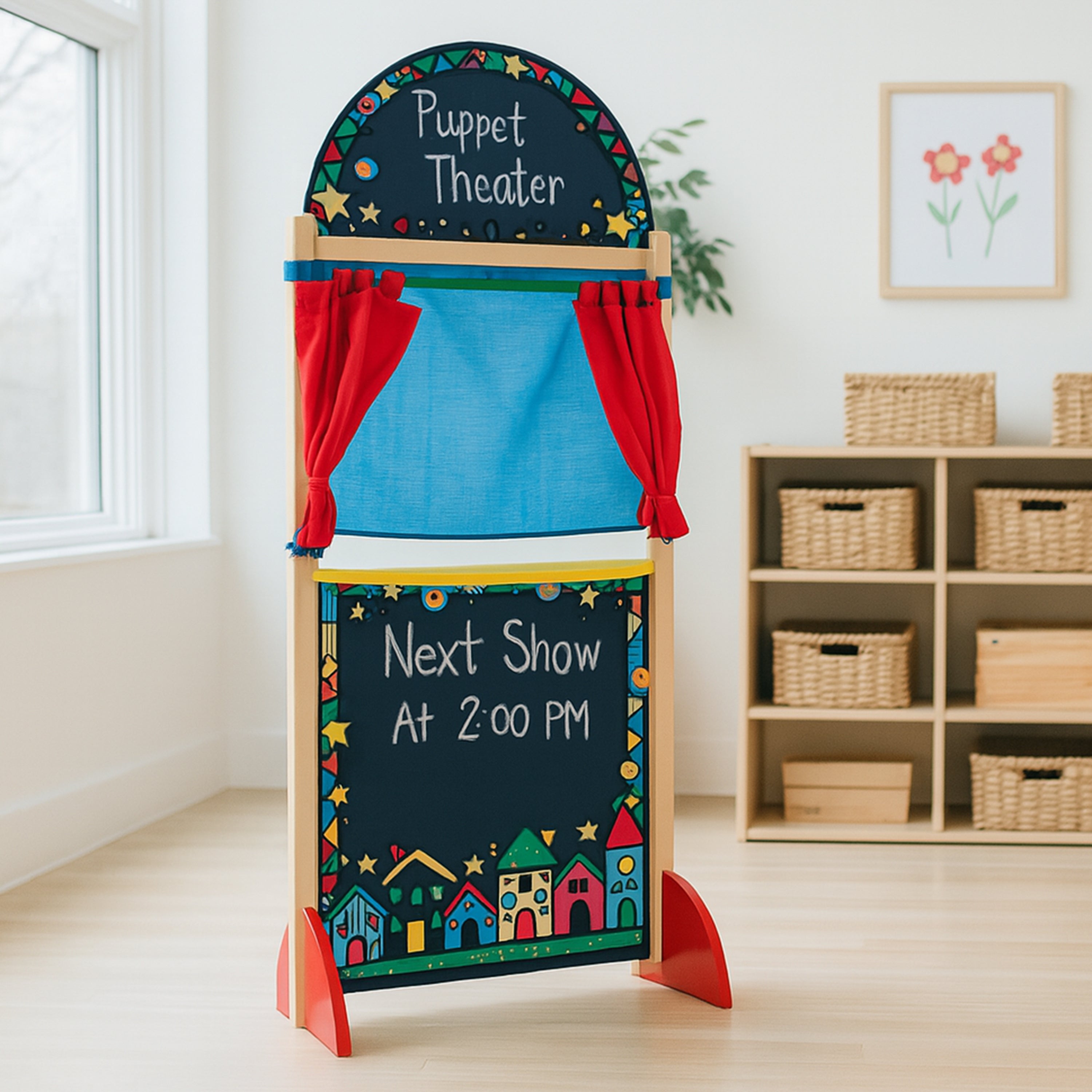 Wooden Puppet Theater with Pullback Curtain
