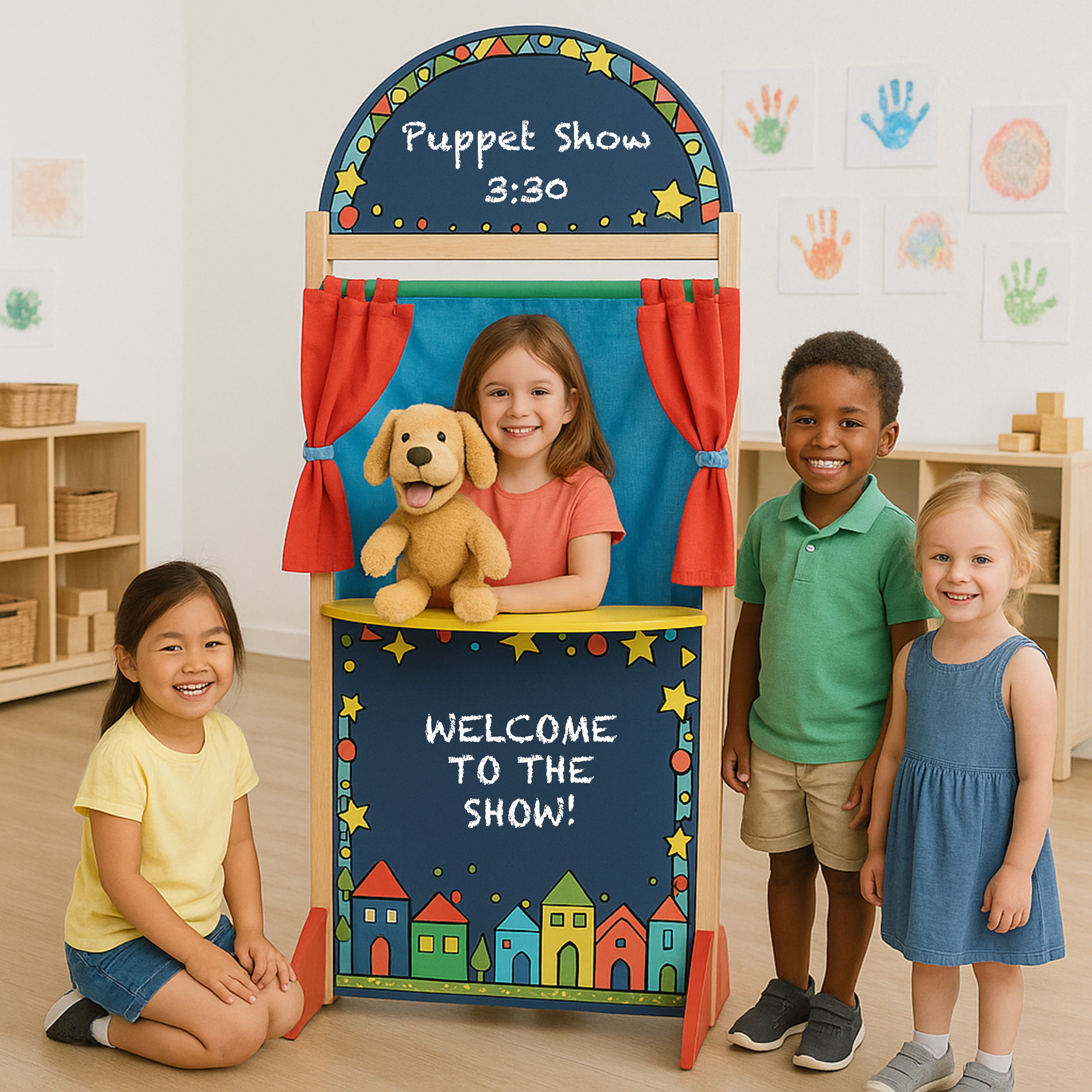 Wooden Puppet Theater with Pullback Curtain