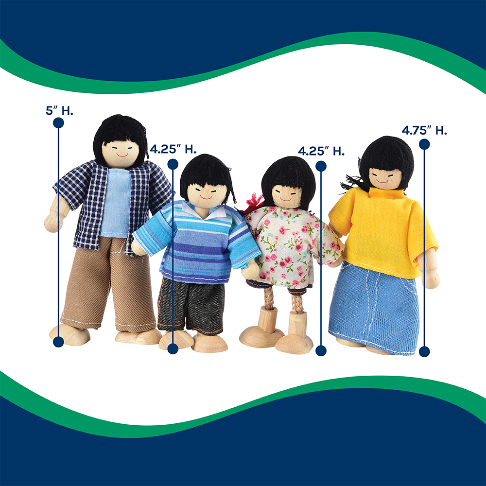 Four dolls of different heights with measurement indicators on a white background