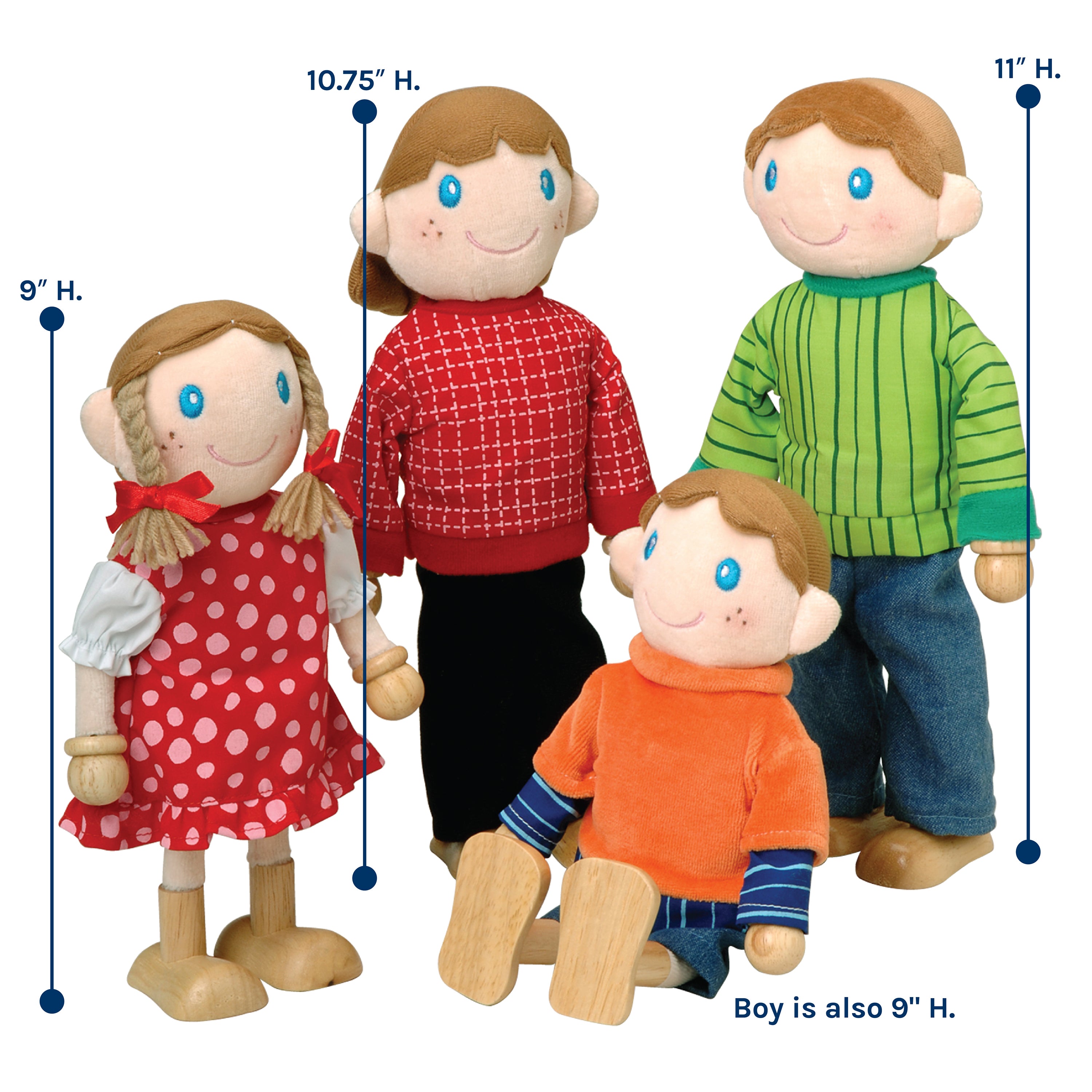 Four wooden dolls with different outfits and heights, shown with measurement indicators.