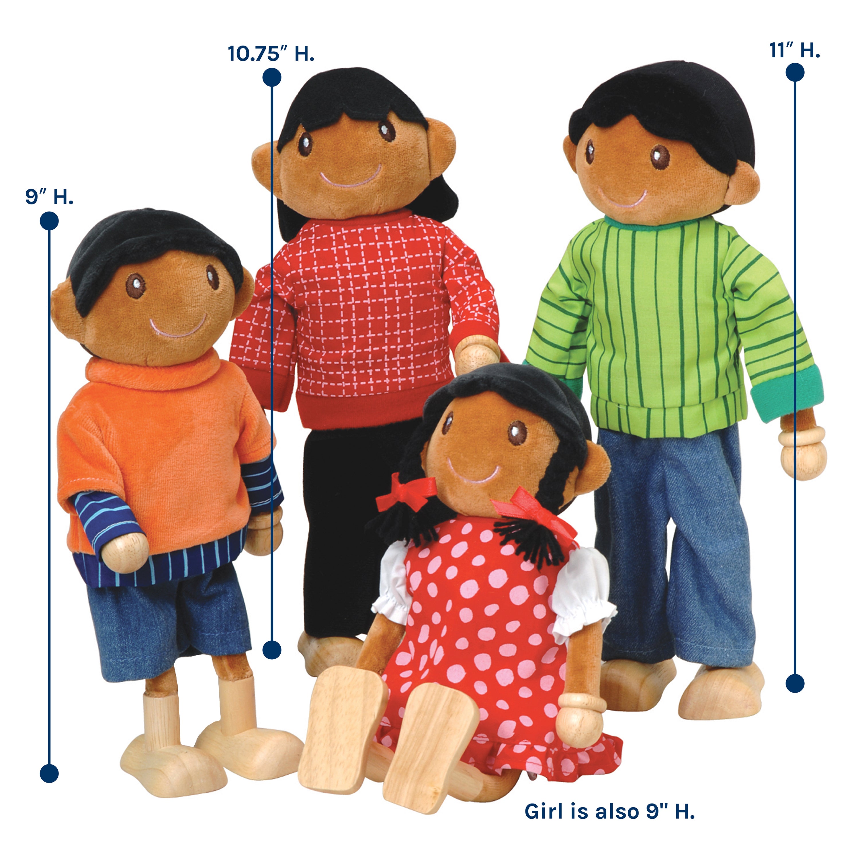 Four dolls with different heights and clothing, shown with measurement lines.