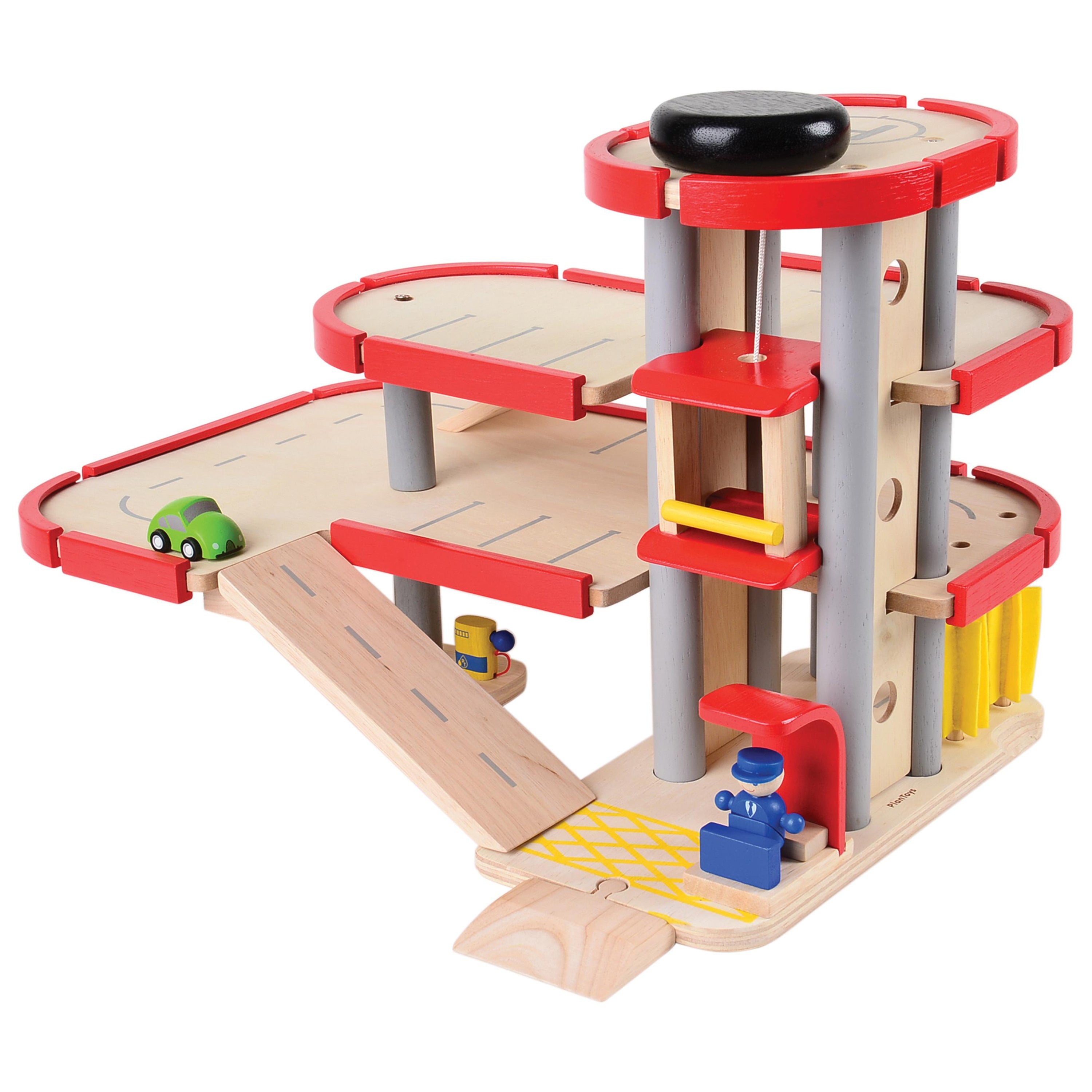 Wooden toy track set with red and gray tracks on a white background