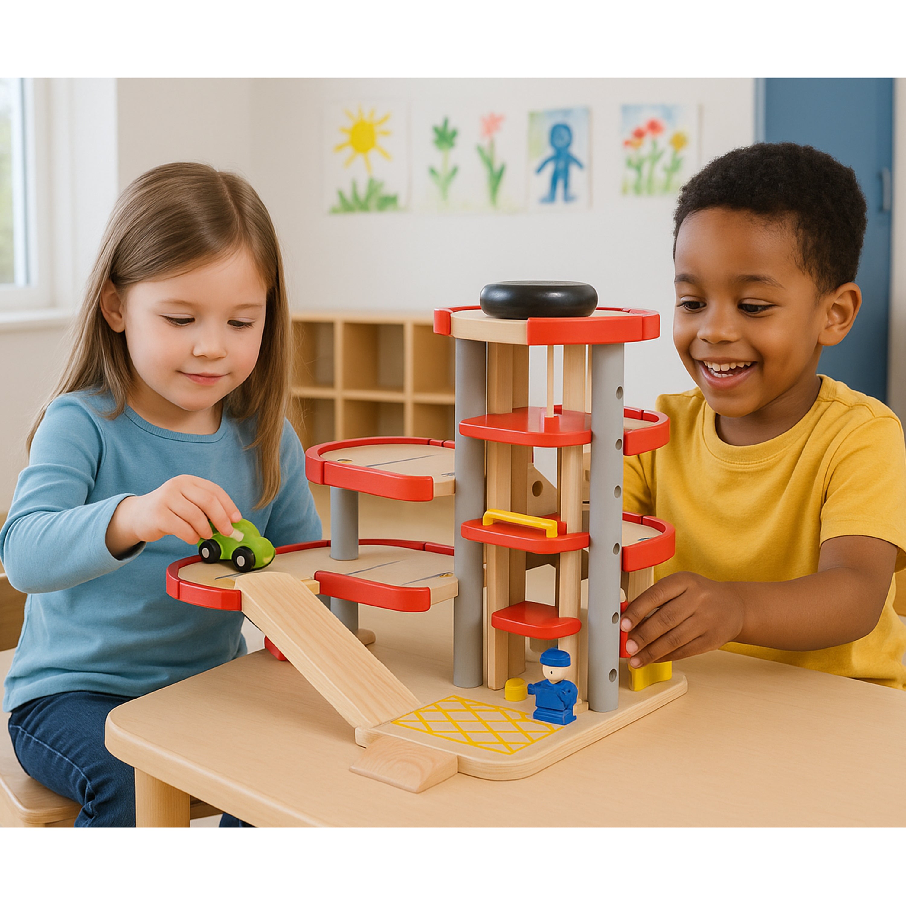 Two children playing with a wooden toy car ramp set in a classroom setting.