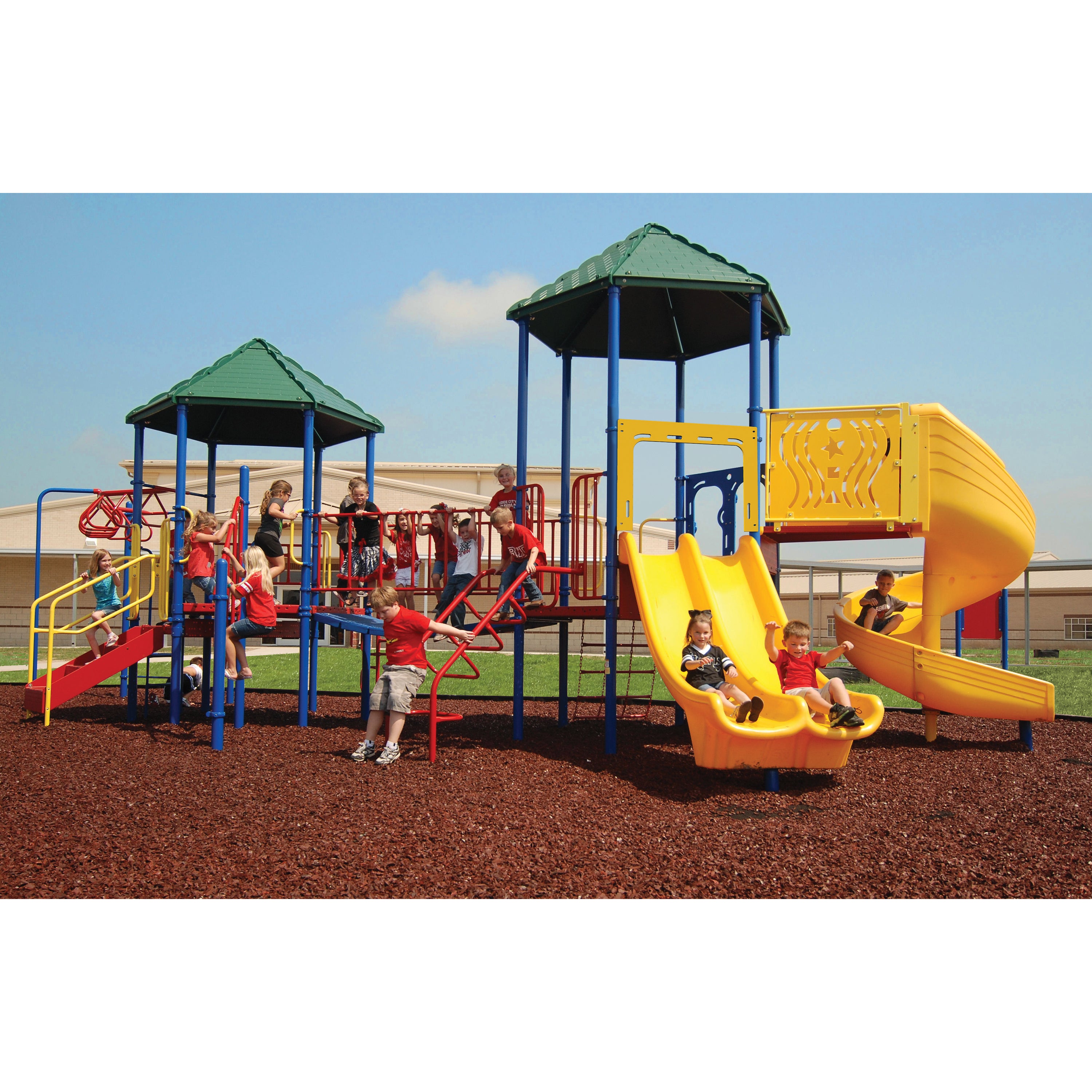 Children playing on a colorful playground with slides and climbing structures.