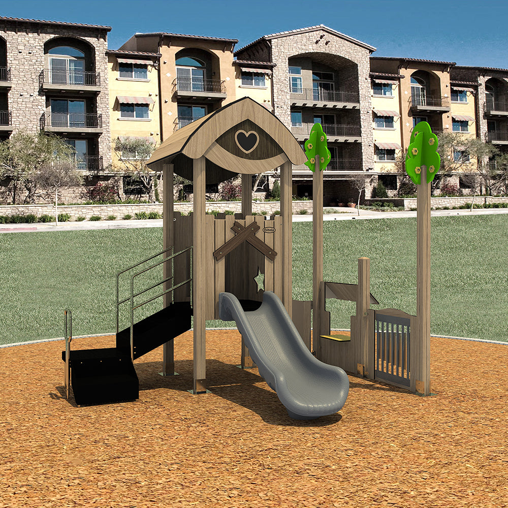 Playground structure with slide in front of a building