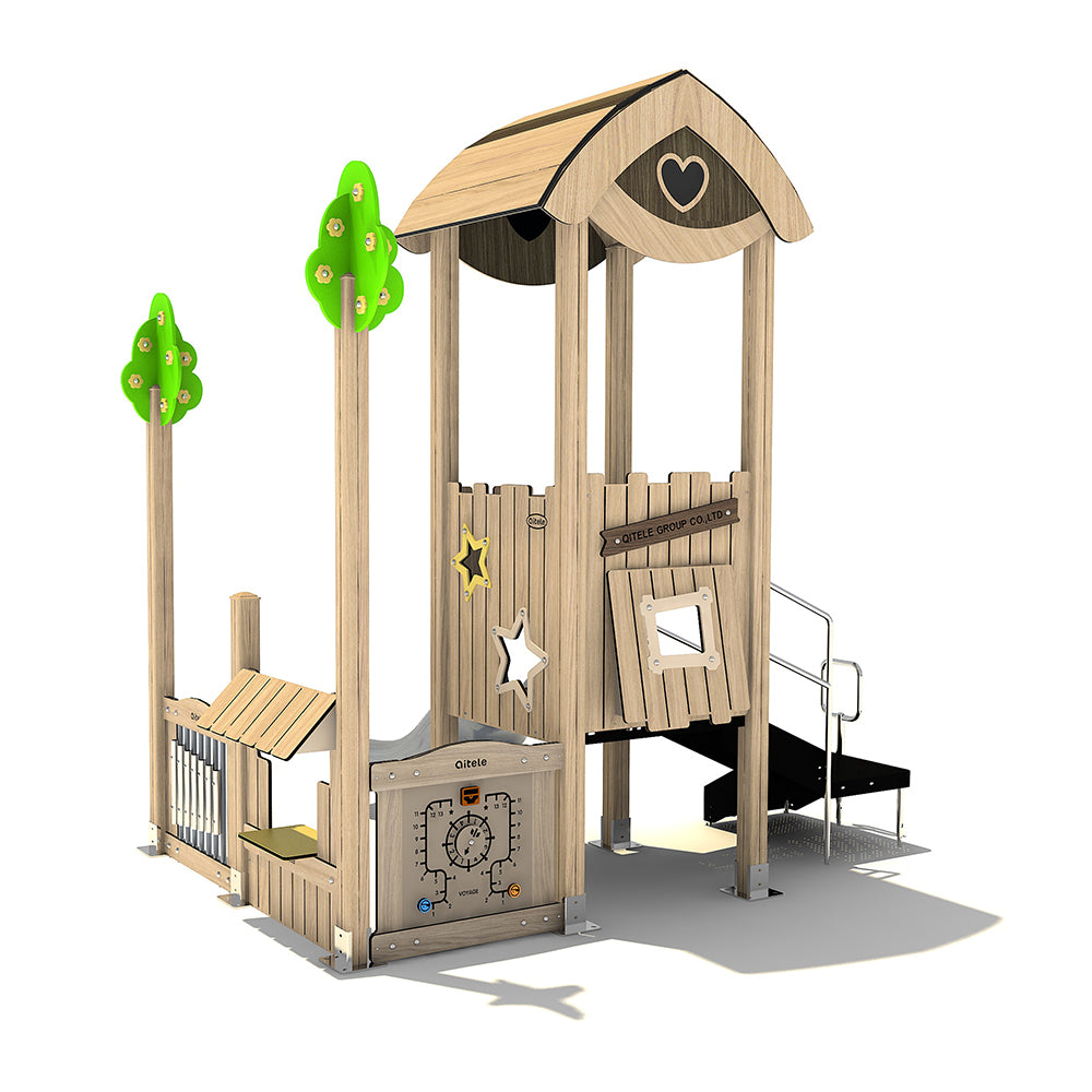Children's wooden playhouse with slide and tree decorations on a white background