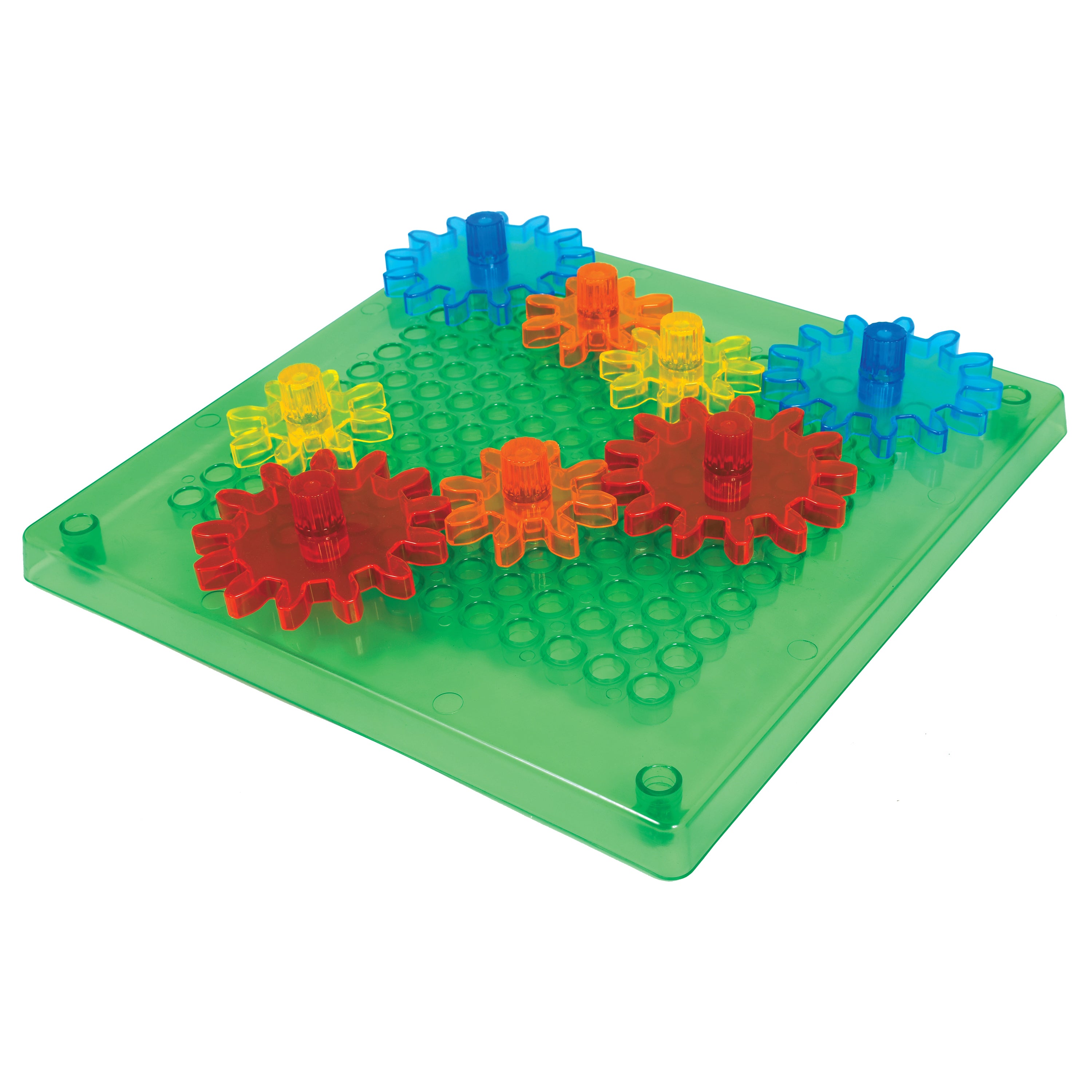 Colorful gear-shaped building blocks on a green baseplate against a white background