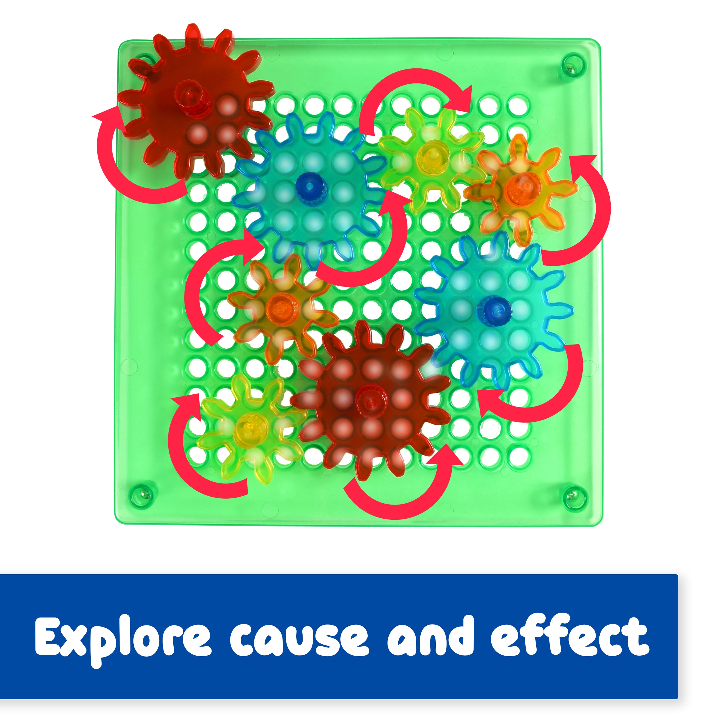 Colorful gear puzzle with red arrows on a green base, labeled 'Explore cause and effect'.