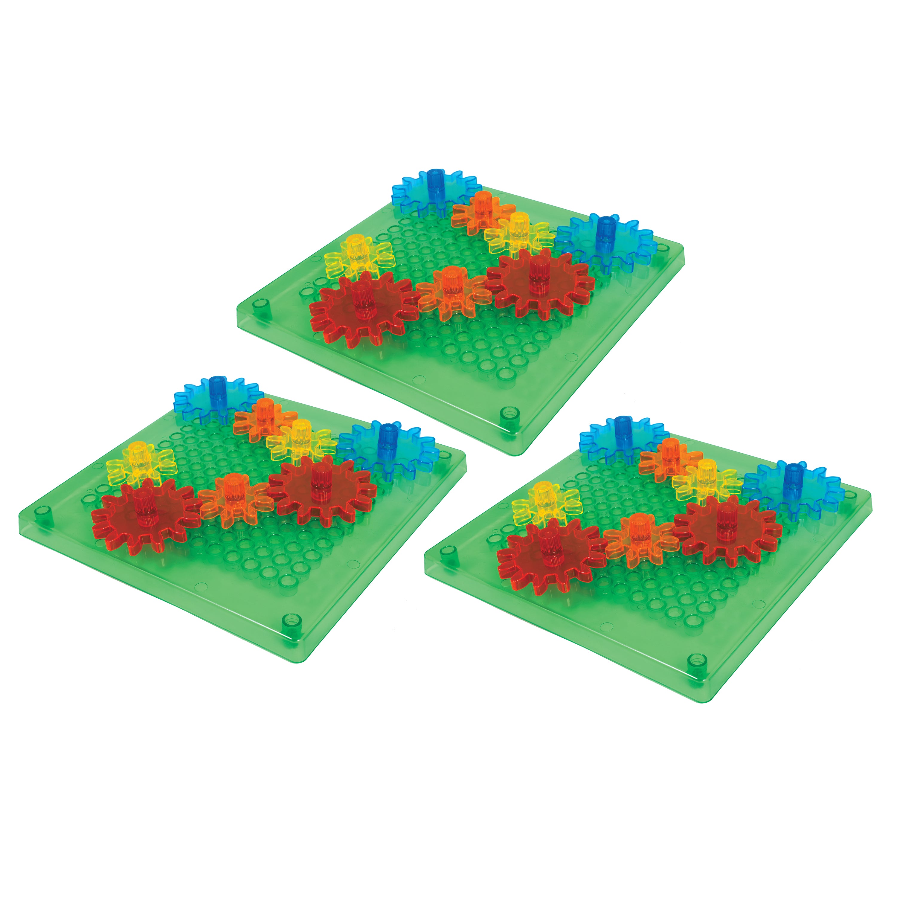 Three green bases with colorful gears on a white background