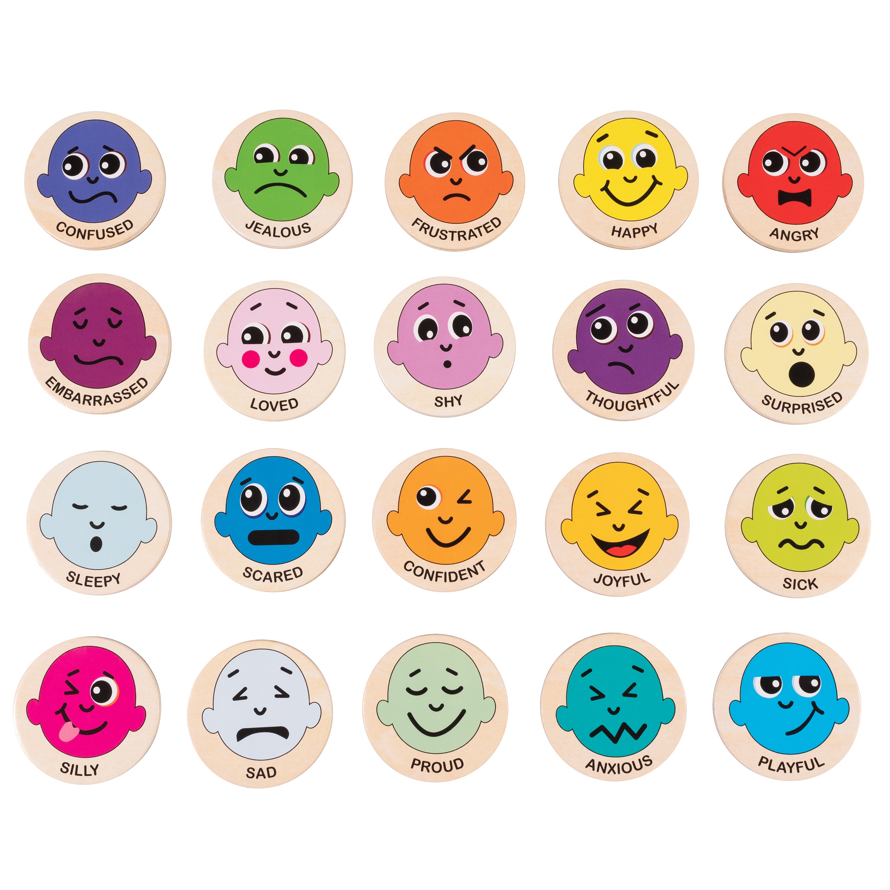 25 emotion themed buttons on white background