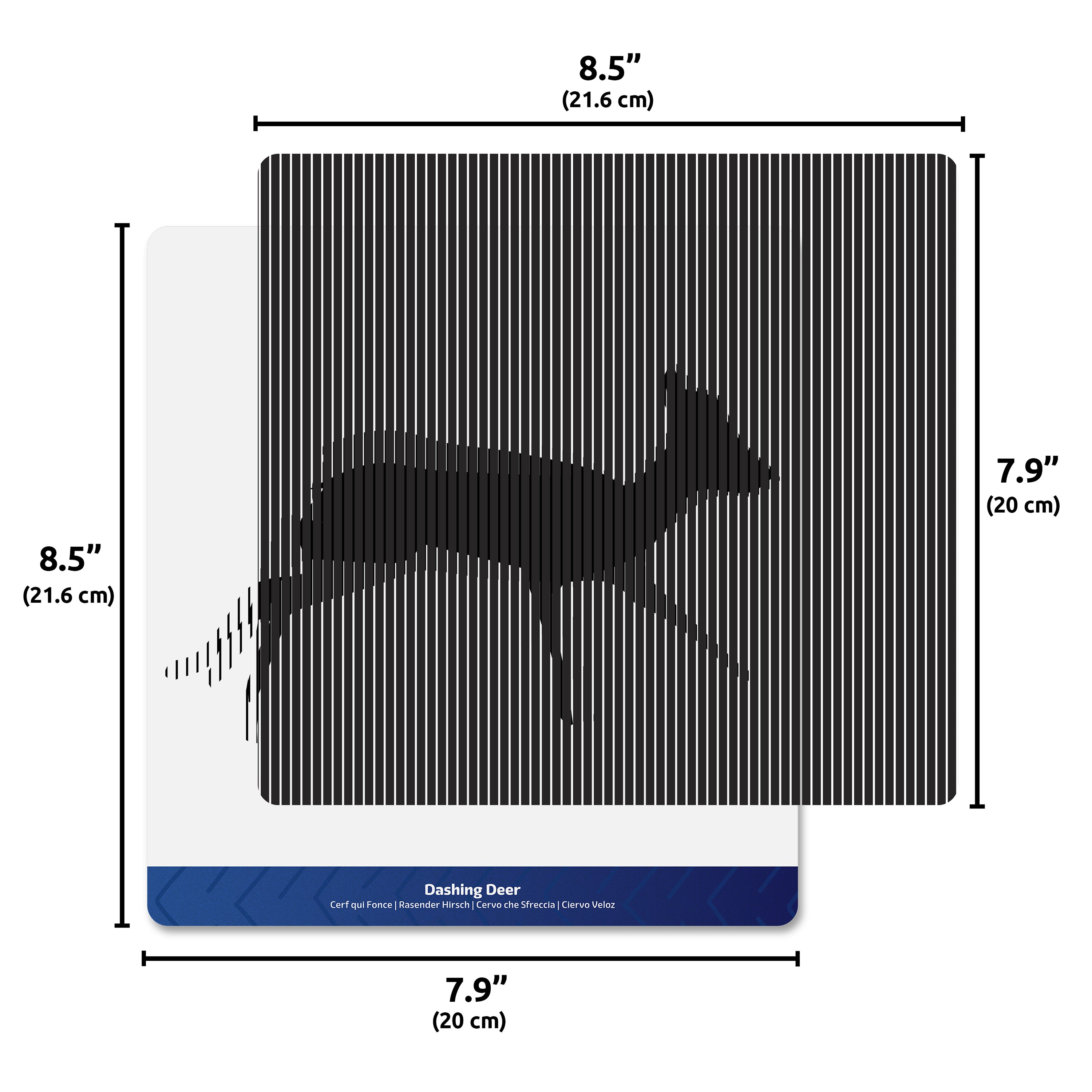 Deer motion card with measurements on white background