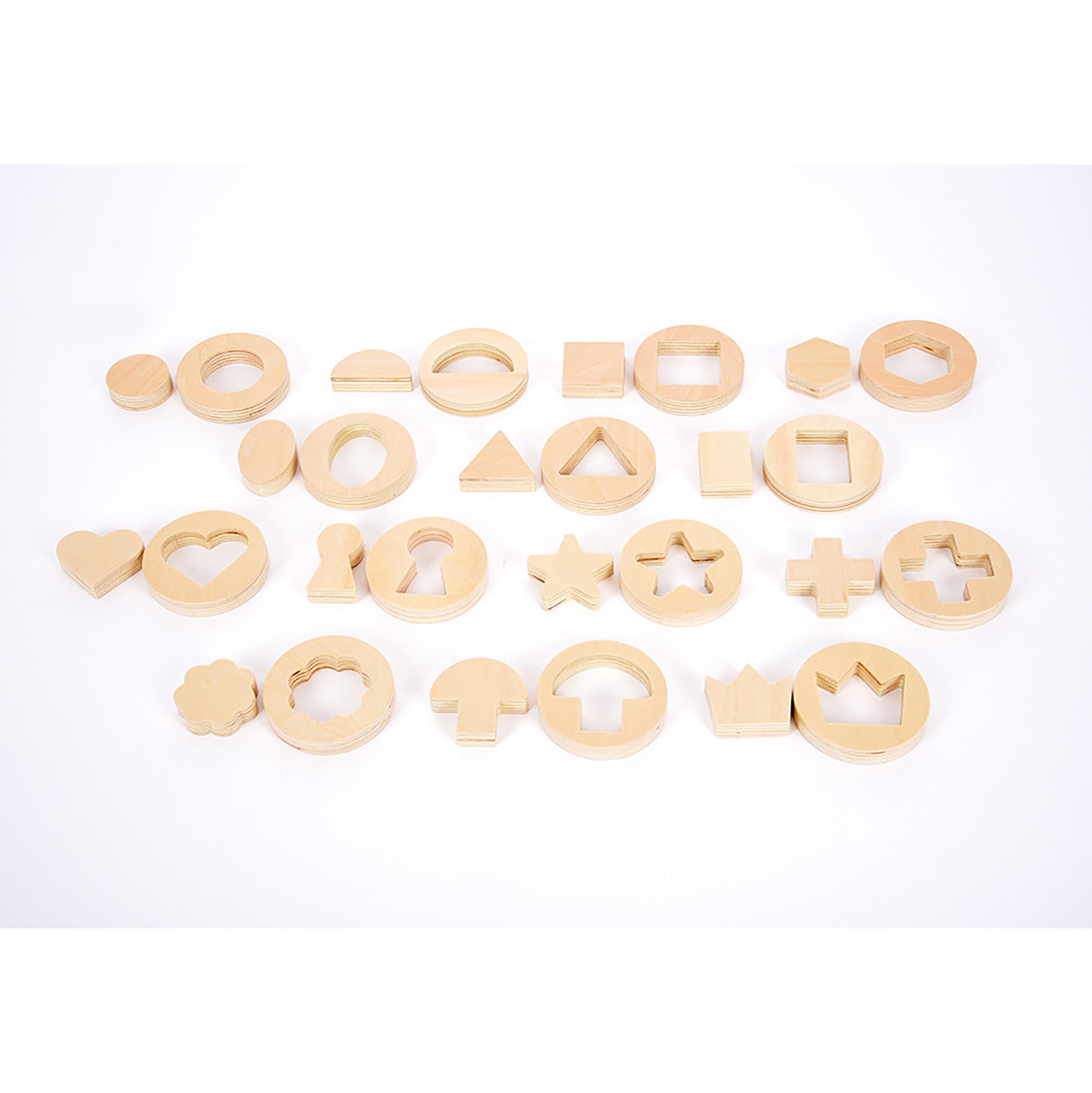 Set of wooden shapes on a white background