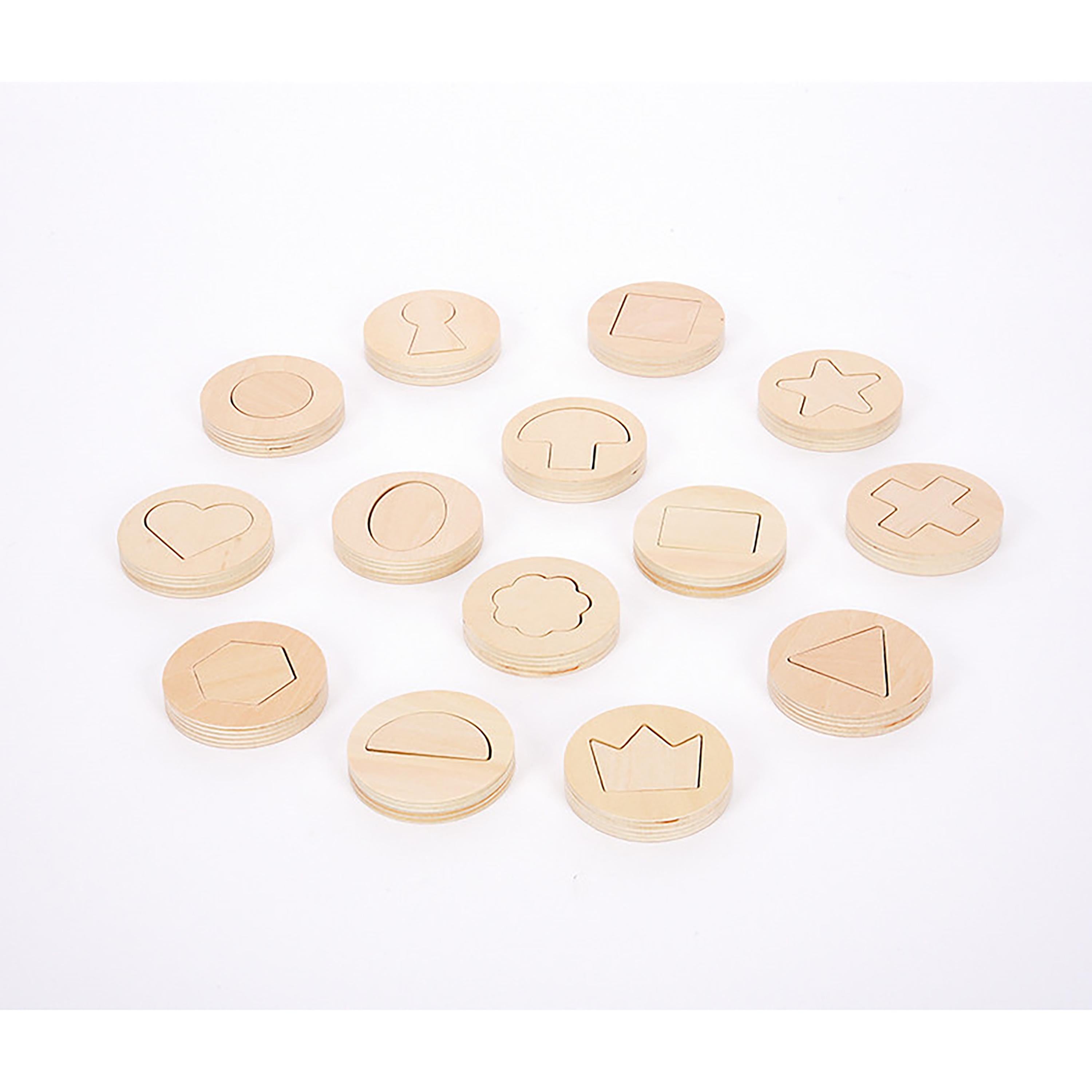 Set of wooden coins with various shapes and symbols on a white background