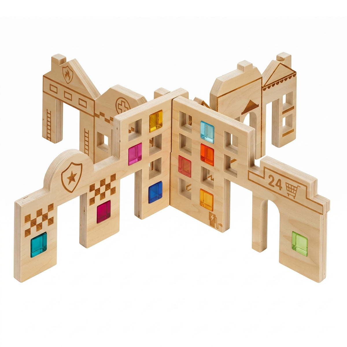 Color & Light Town Builder Set | Wooden Dividers with Gem Cubes