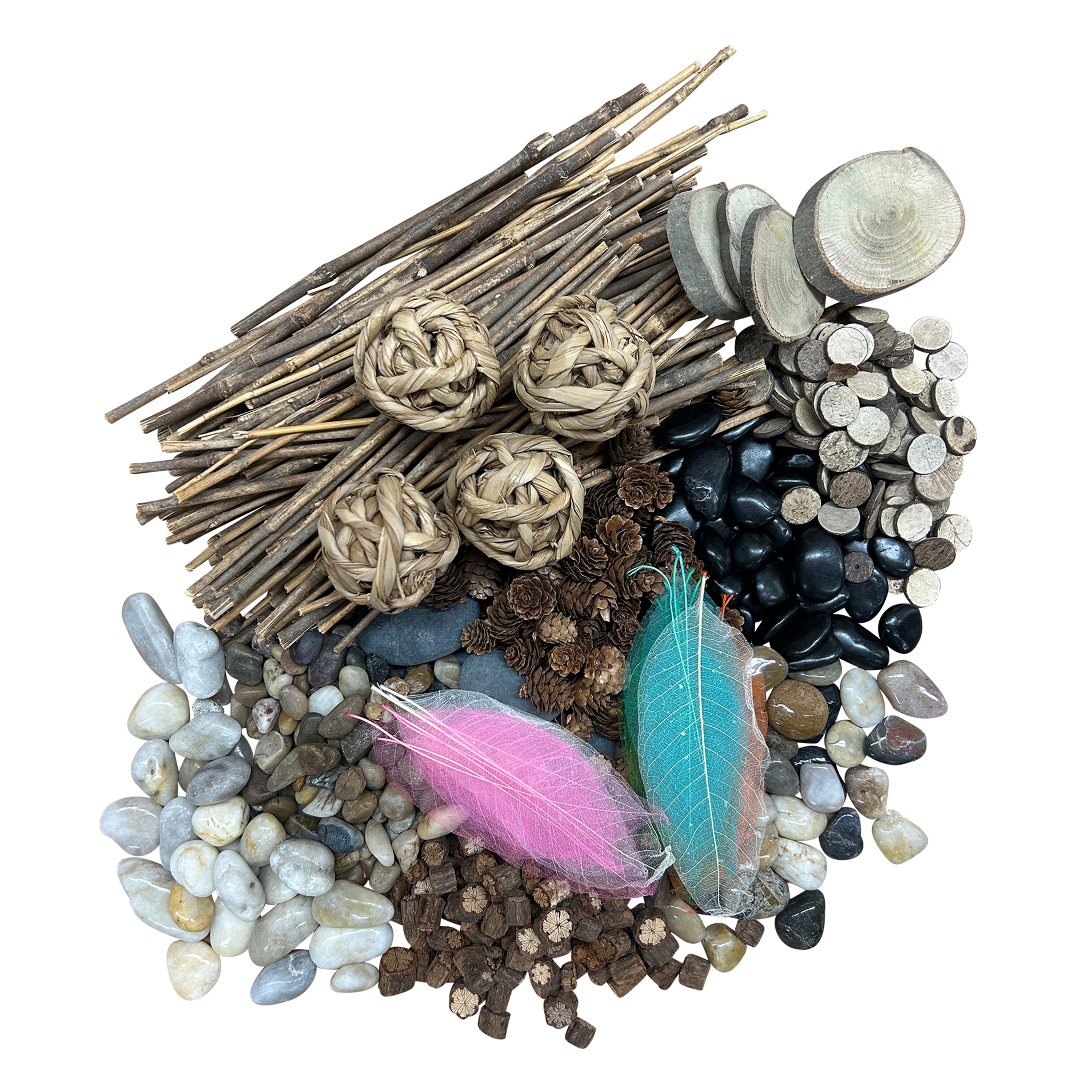 Natural items including sticks, stones and feathers on a white background