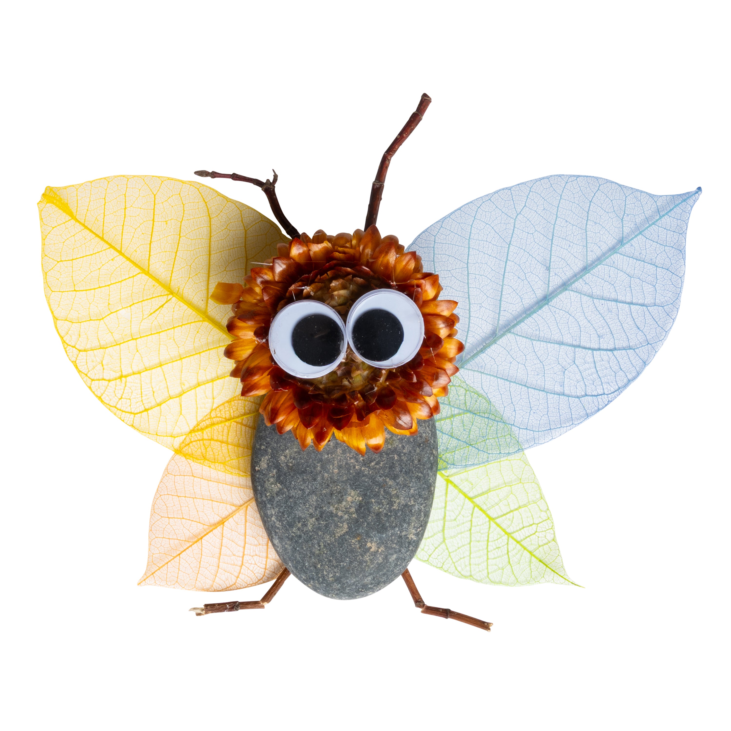 Bug craft project with leaves as wings and a stone as the body on a white background
