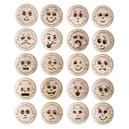Set of wooden buttons with engraved facial expressions on a white background