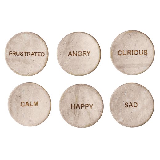 Six round stones with emotional labels on a white background