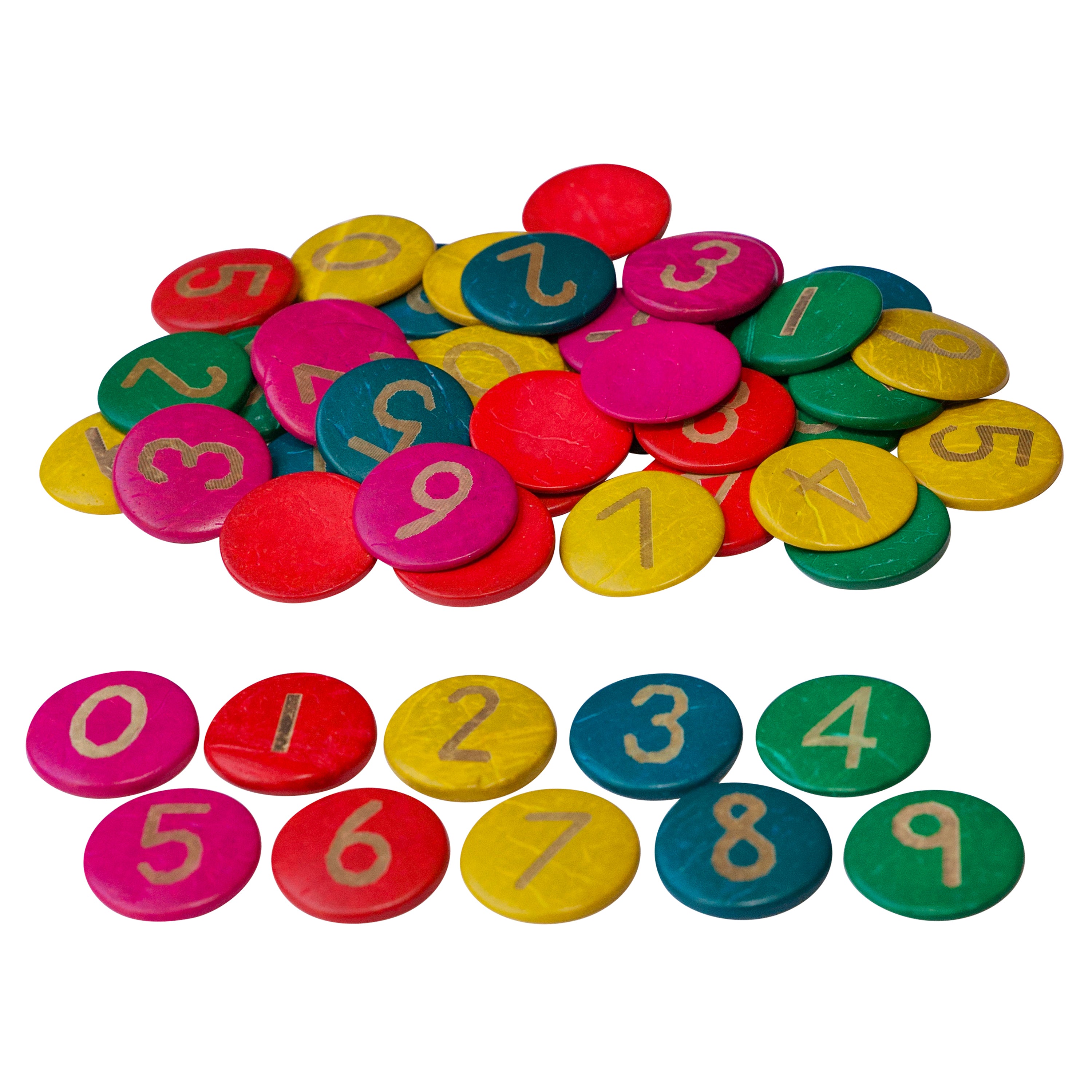 Pile of colorful buttons with numbers etched into them on a white background