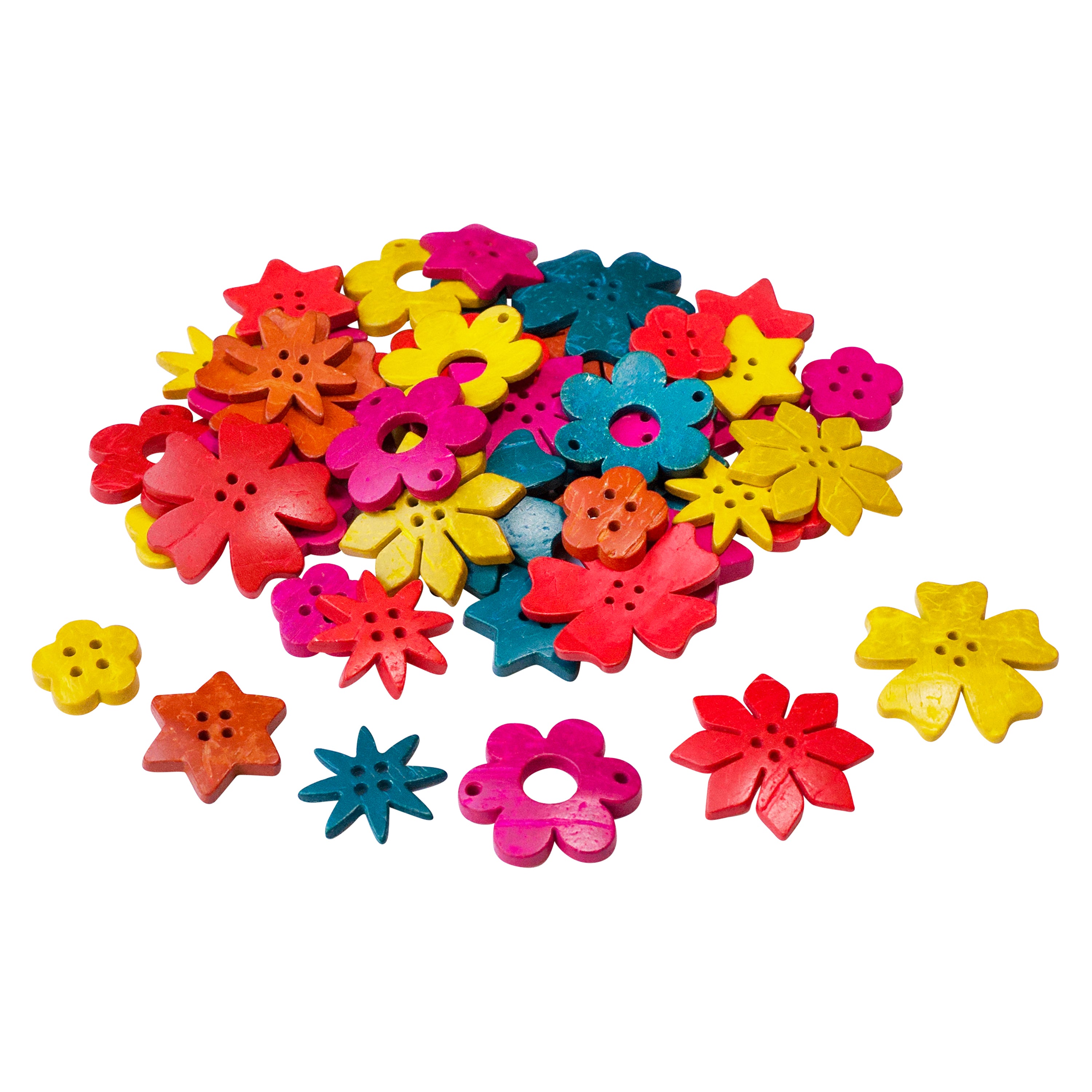 Collection of colorful flower shaped buttons on a white background