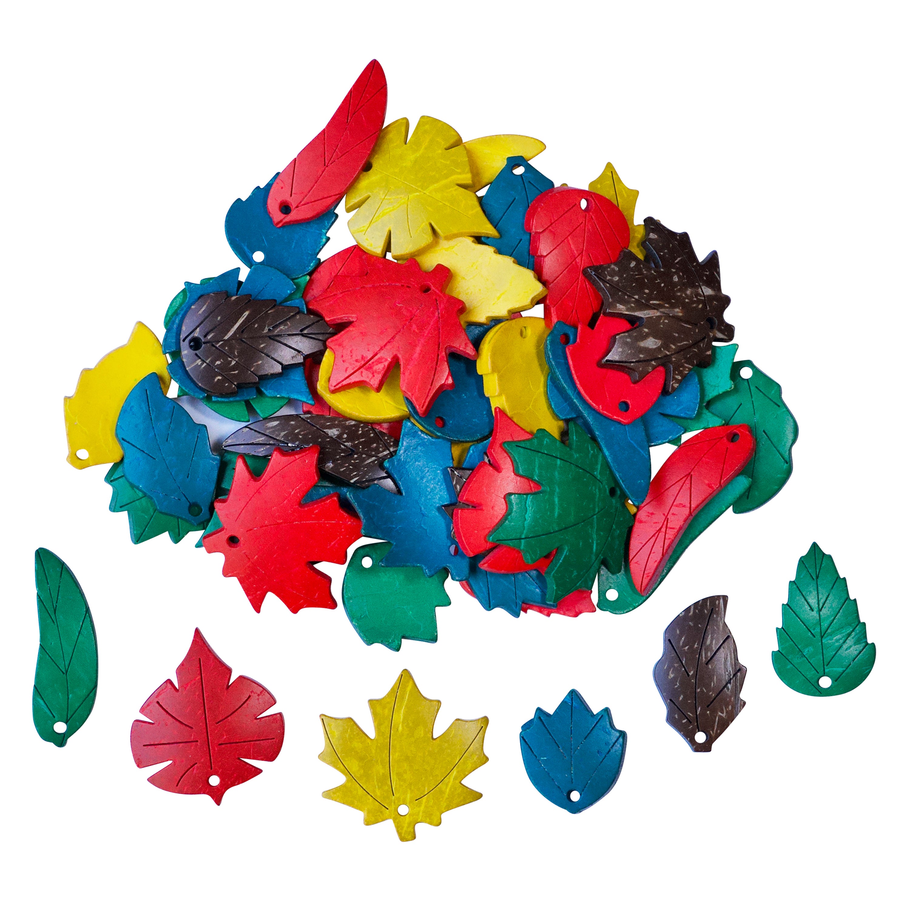 Colorful leaf shaped wooden counters on a white background