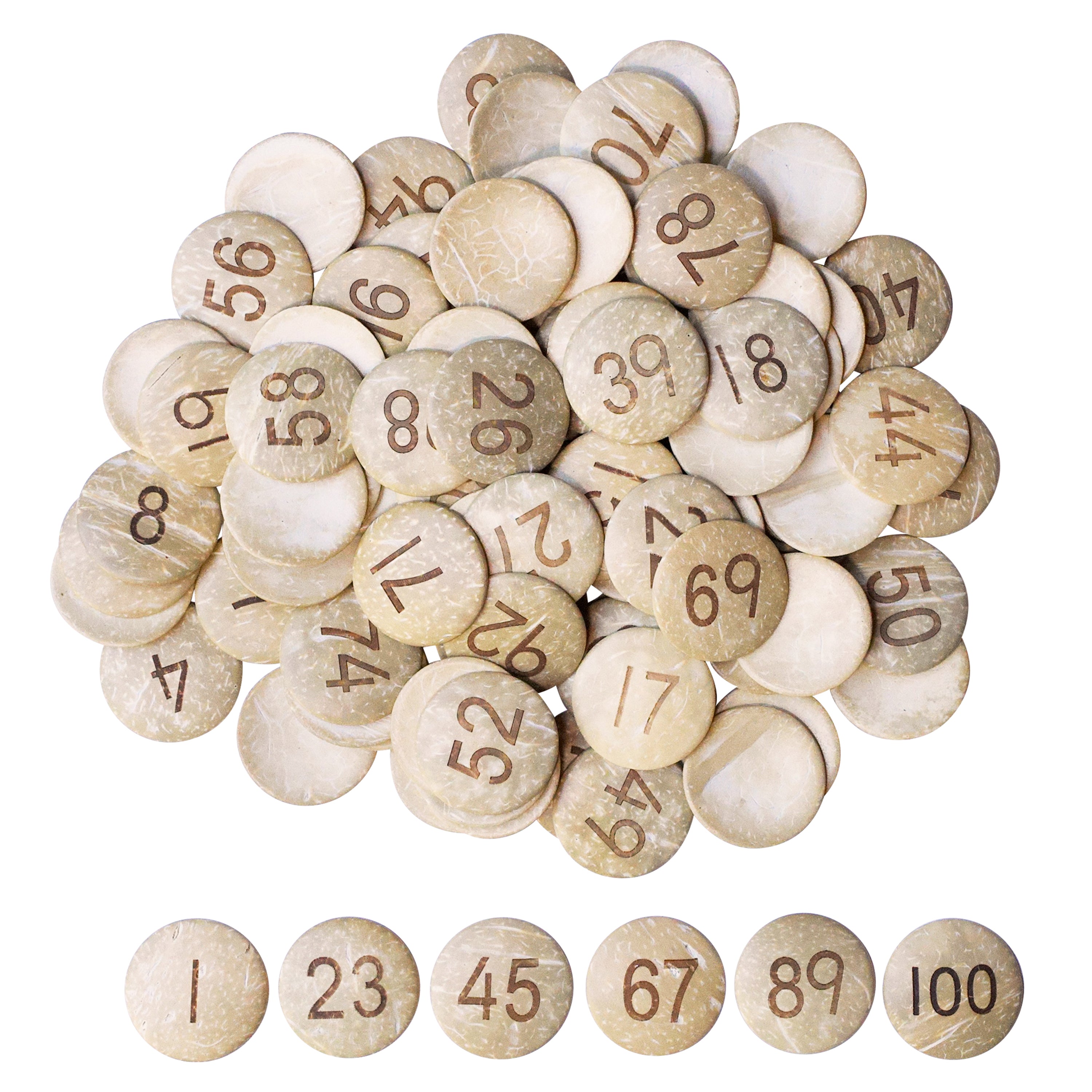 Pile of natural buttons with numbers etched on the surface on a white background