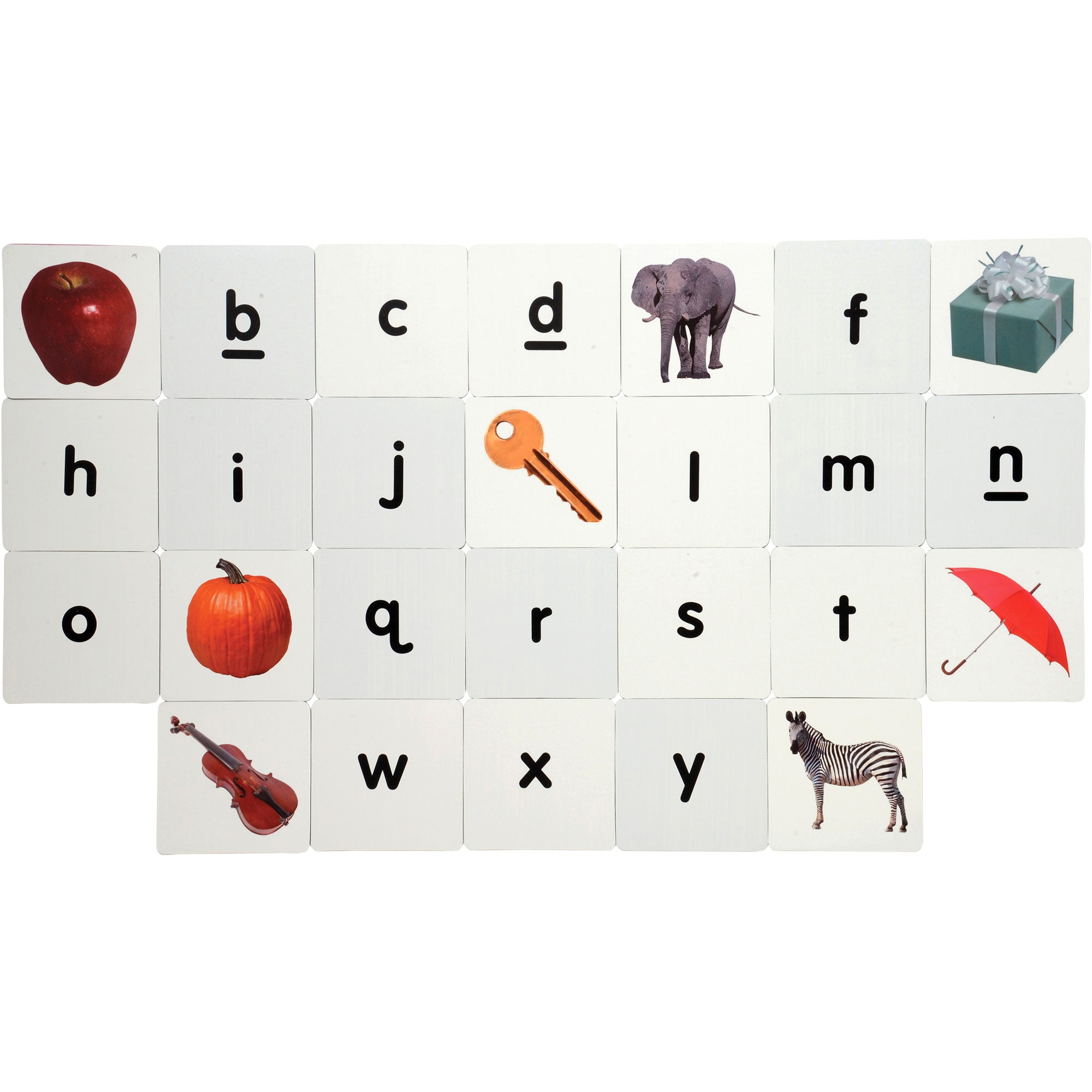 Alphabet tiles with letters and corresponding images on a white background