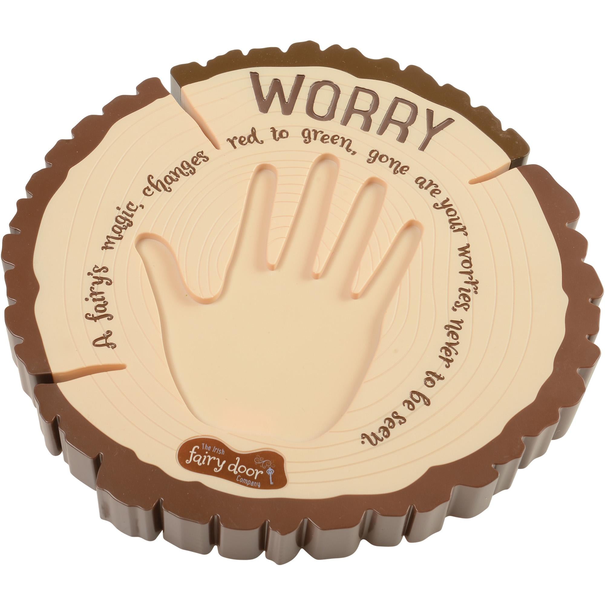 Round wooden tool with hand design and 'Worry' text on a white background