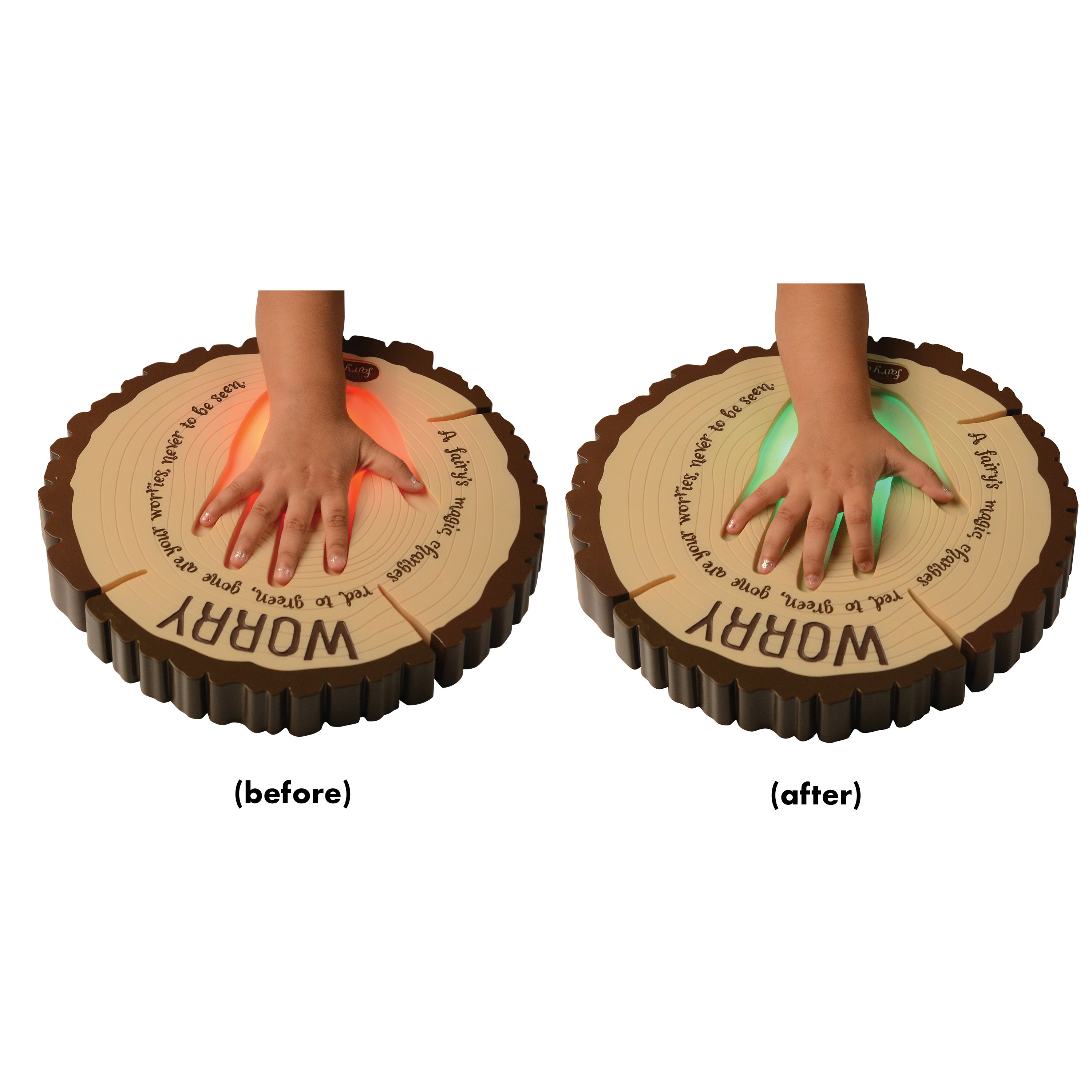 Two circular objects with hands on them, labeled 'before' and 'after', on a white background.