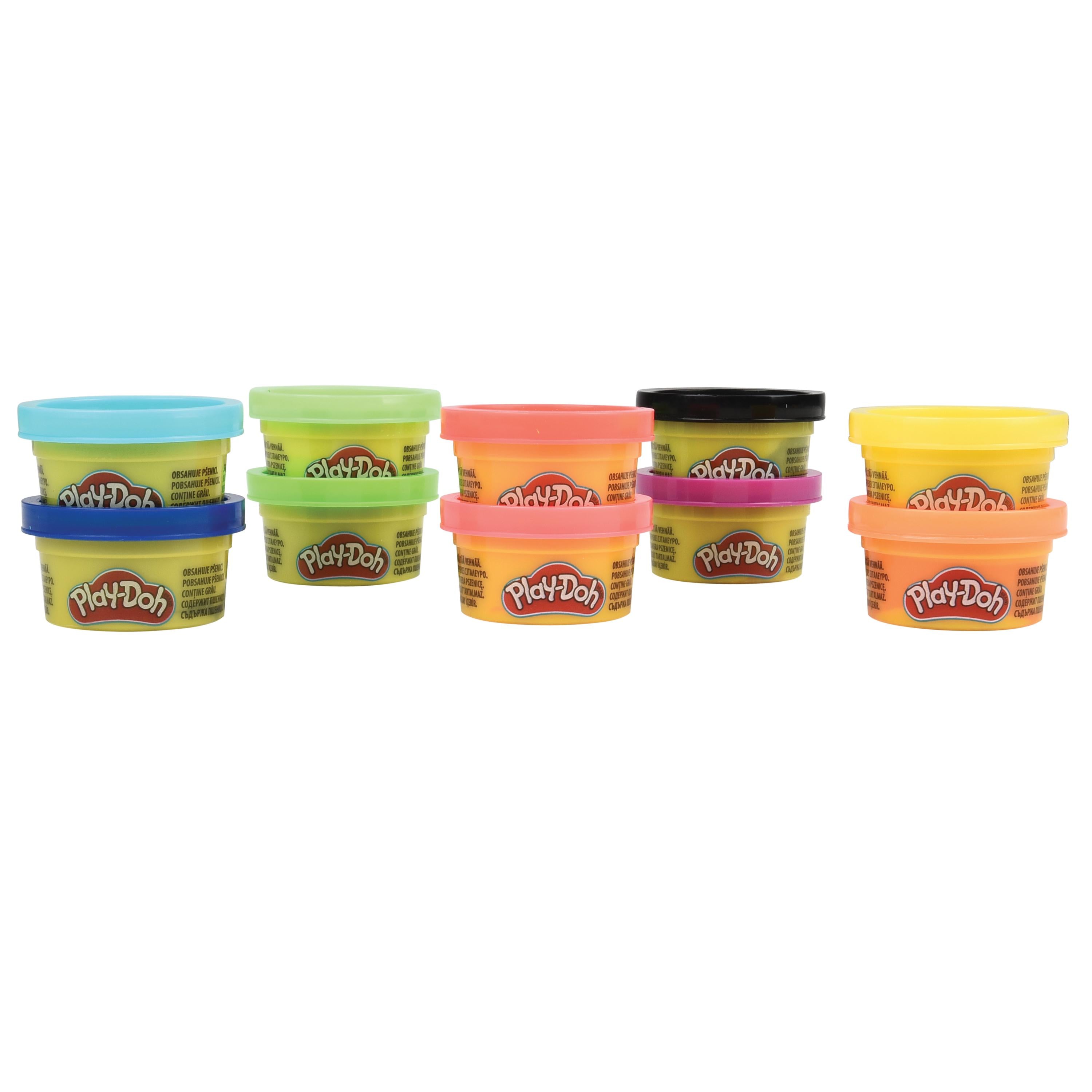 Set of Play-Doh containers in various colors on a white background