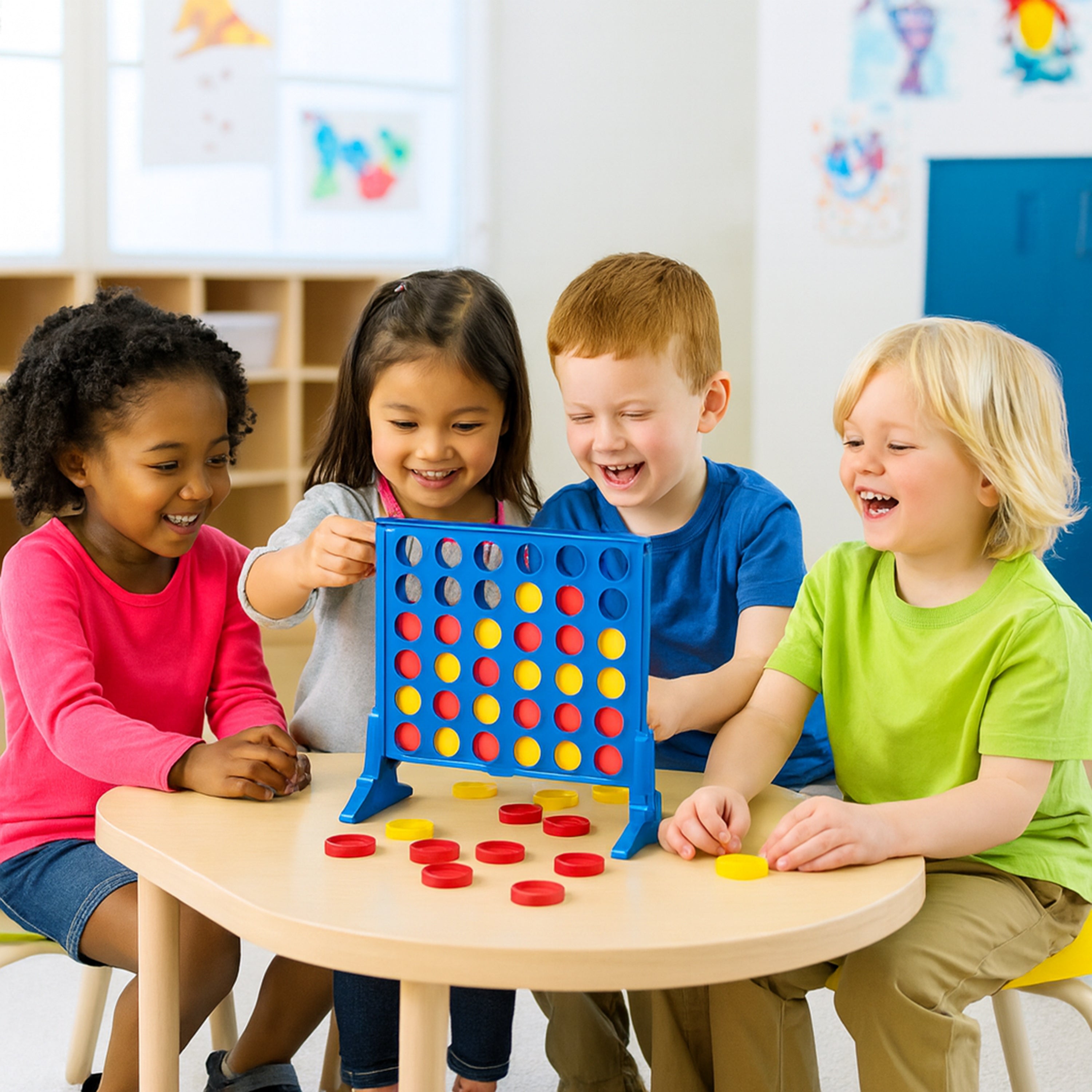 Four children playing with a colorful game board at a table in a classroom setting.