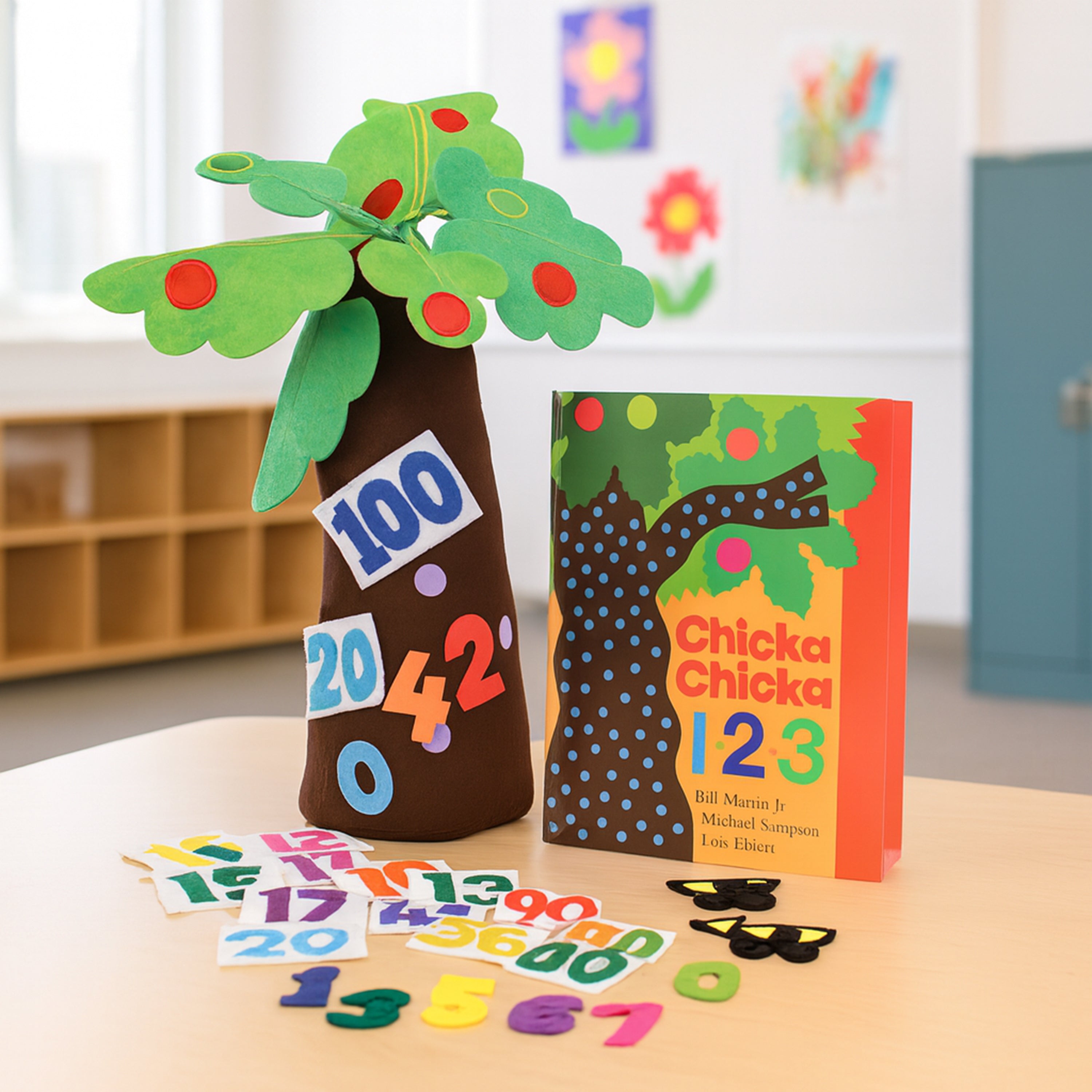 Educational tree with numbers and book titled 'Chicka Chicka 123' on a table.