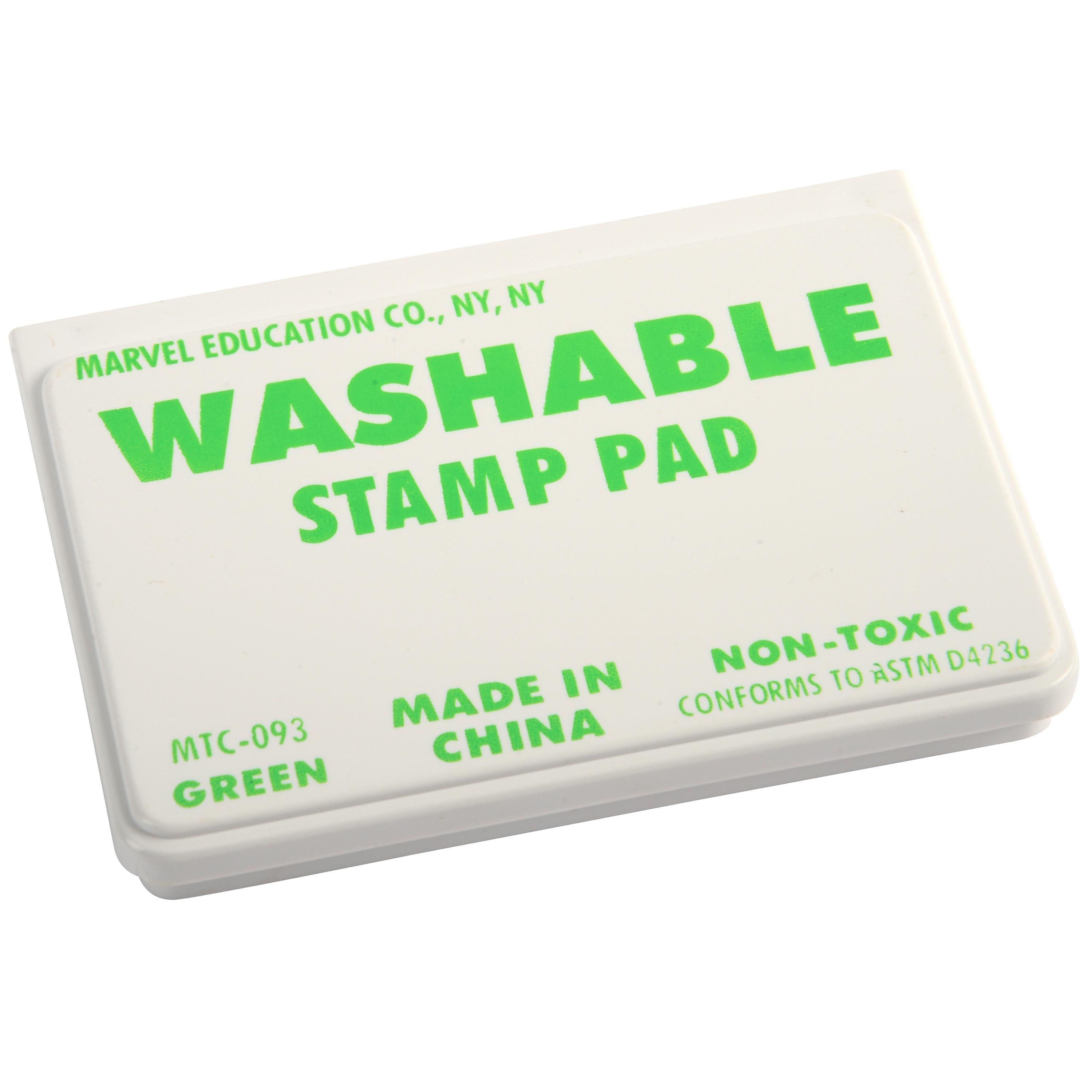 A rectangular washable stamp pad by Marvel Education Co. The pad is white with bright green text, including 'WASHABLE STAMP PAD' and 'GREEN'.
