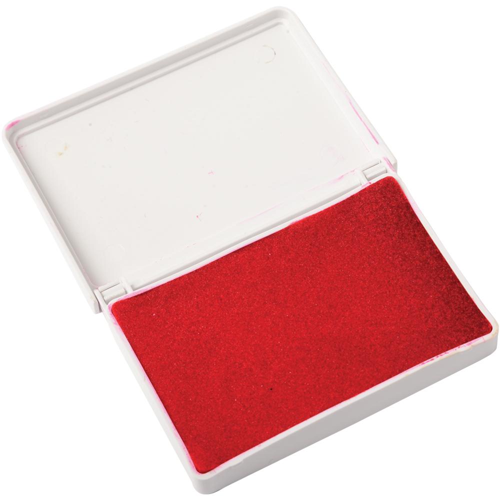 A small open white plastic ink pad case showing a bright red felt ink pad inside, photographed on a plain white background.