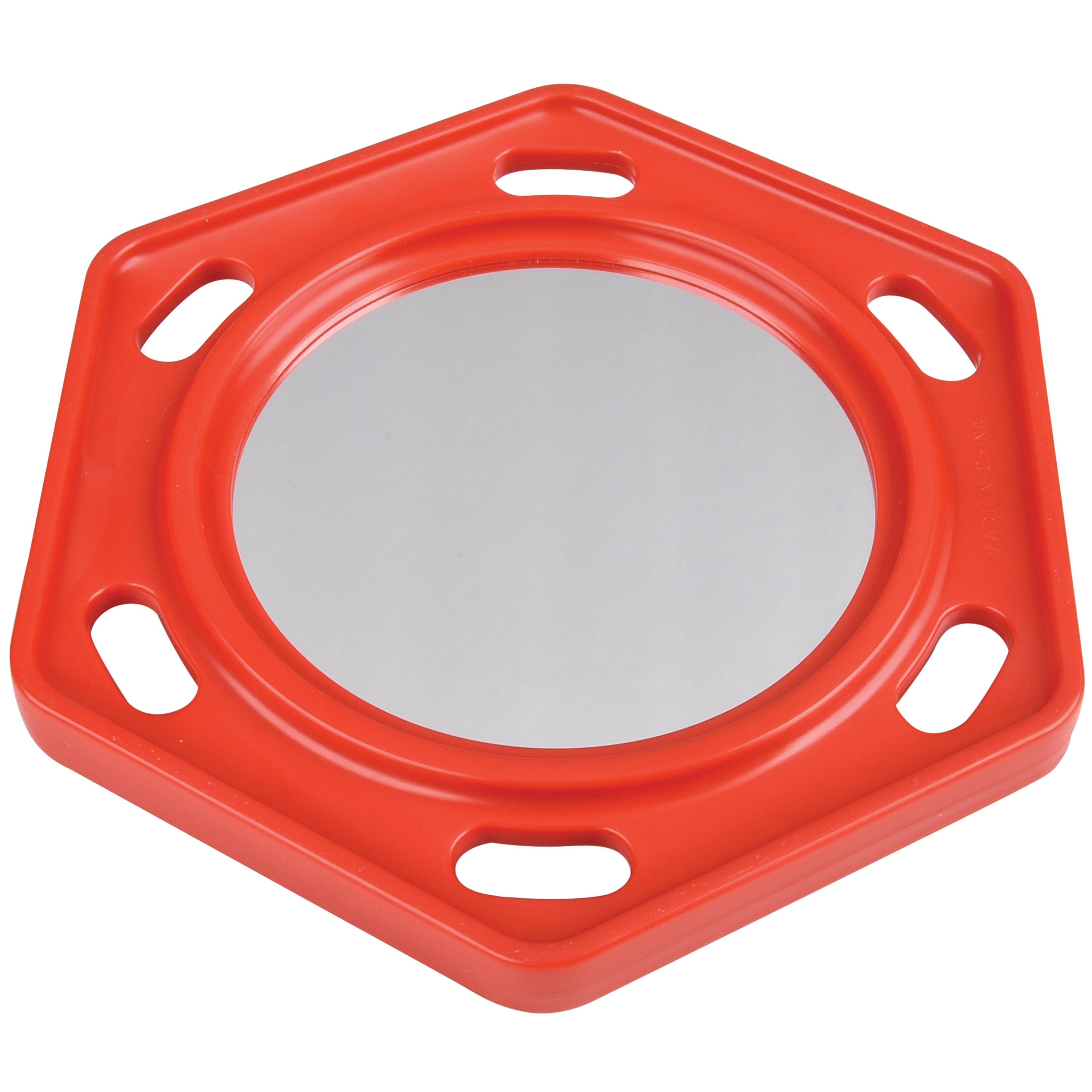 A hexagonal red plastic mirror with a circular reflective surface and four cutout slots on the outer frame, shown on a plain white background.