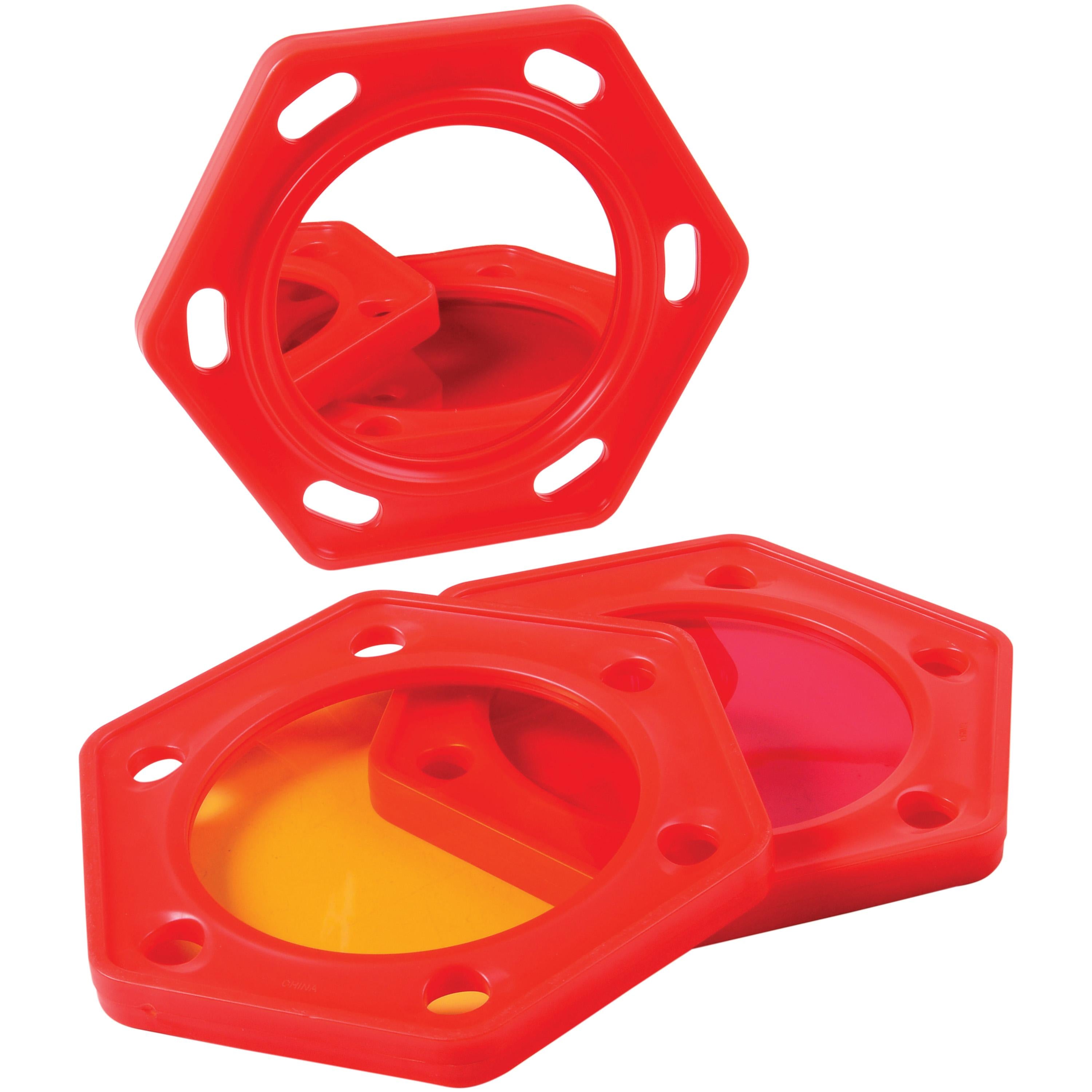 Two red plastic components with a central yellow section on a white background